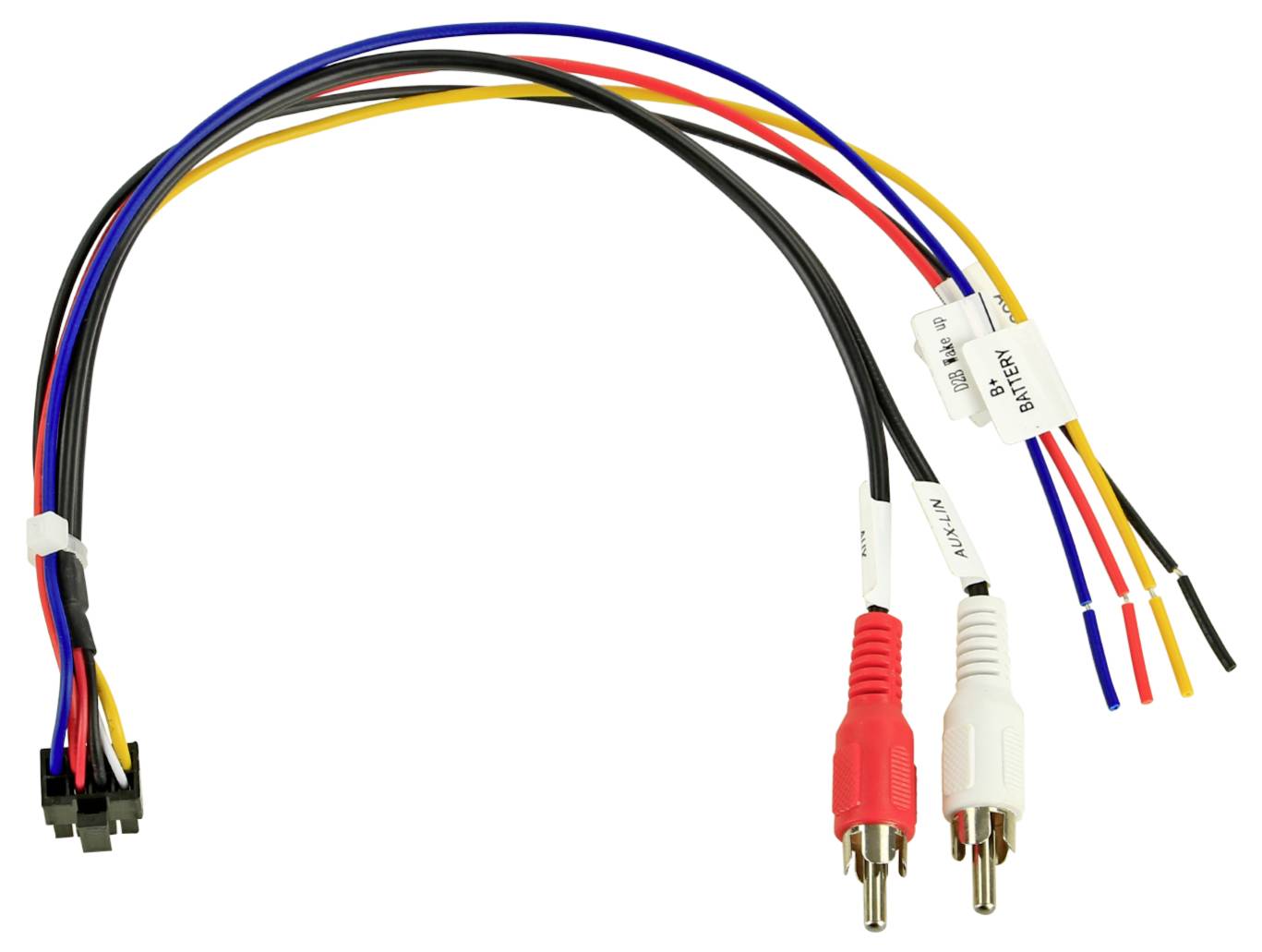 Faisceau de câbles avec codes couleur et connecteurs, incluant des fiches RCA de style rouge et blanc et de petits connecteurs de borne noirs, présenté sur un fond blanc.