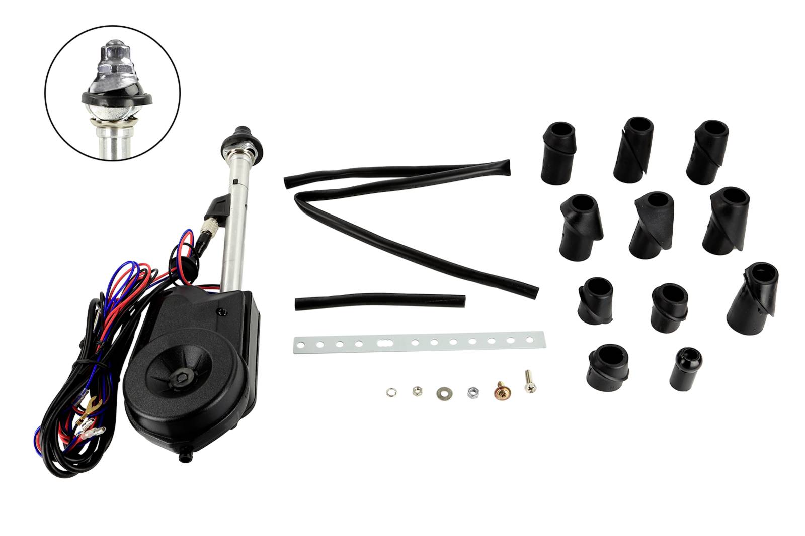 Kit de klaxon à air électrique automobile avec compresseur, câblage, quincaillerie de montage, tuyaux et plusieurs adaptateurs de trompette noirs sur fond blanc.