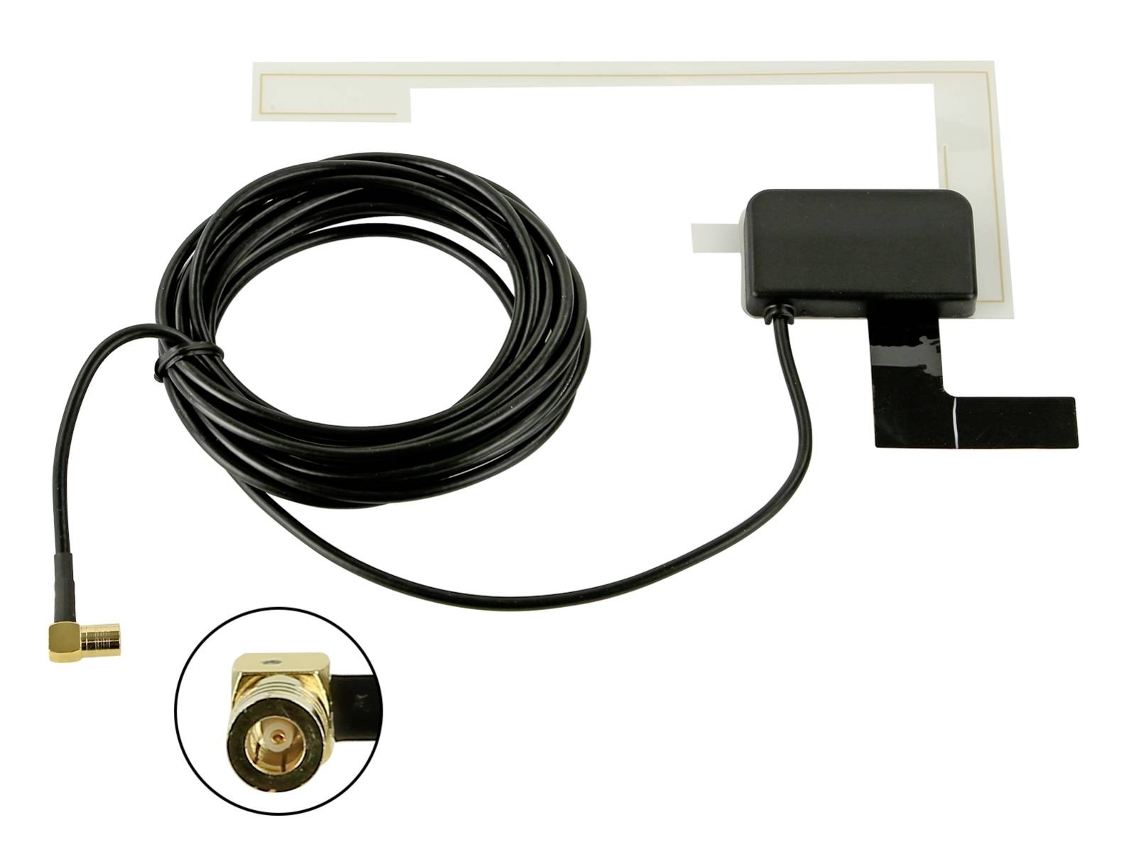 Antenne sans fil noire avec long câble, connecteur doré et pad de montage adhésif ; l'encart montre un gros plan du connecteur.