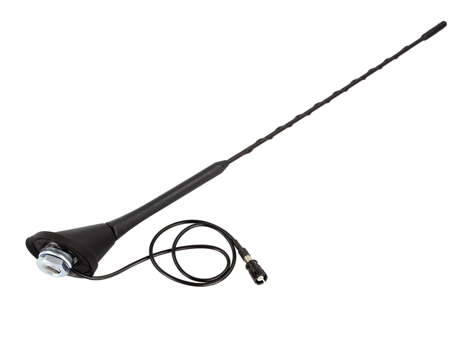 Antenne de voiture noire avec long fouet et câble enroulé, présentée sur fond blanc.