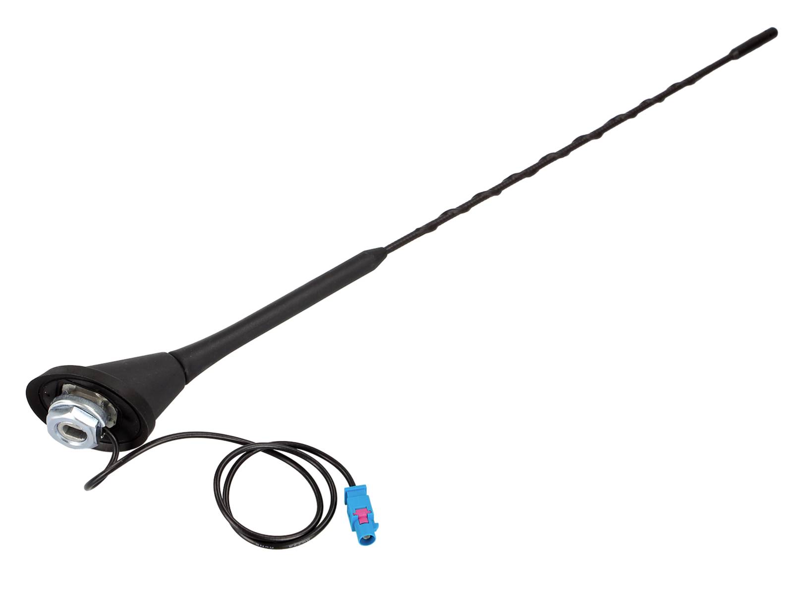Antenne de radio de voiture noire avec long mât fouet, montage sur base et câble attaché avec connecteur bleu sur fond blanc.
