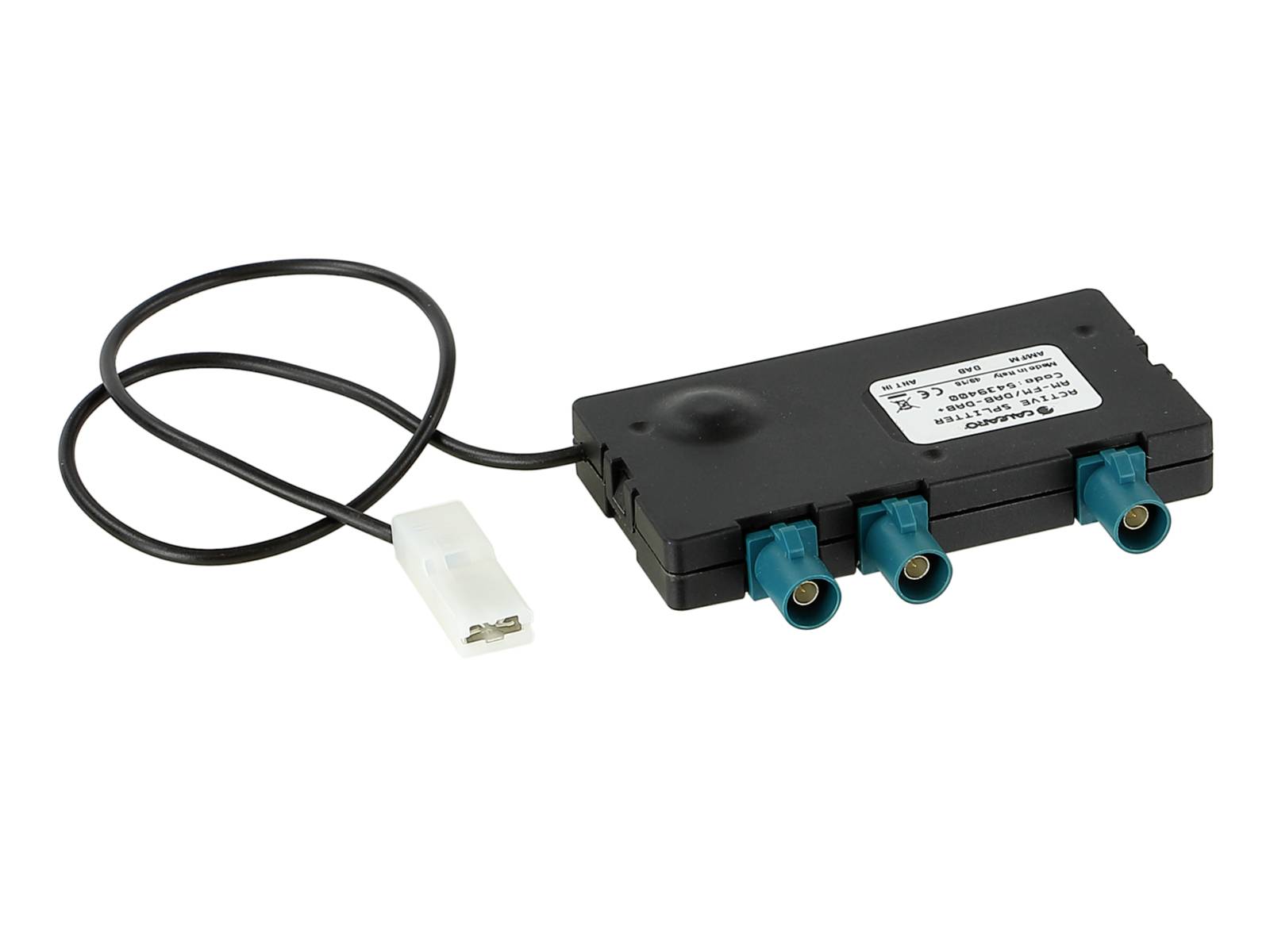 Module de commande électronique noir avec câble et connecteur blanc, présentant trois ports circulaires bleus sur un fond blanc uni.