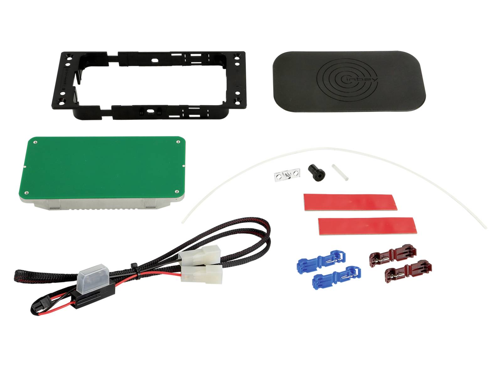 Kit de montage et câblage électronique assorti : cadre noir, module vert, coussin de charge sans fil noir, faisceau de câbles, serre-câble, bandes adhésives et connecteurs.