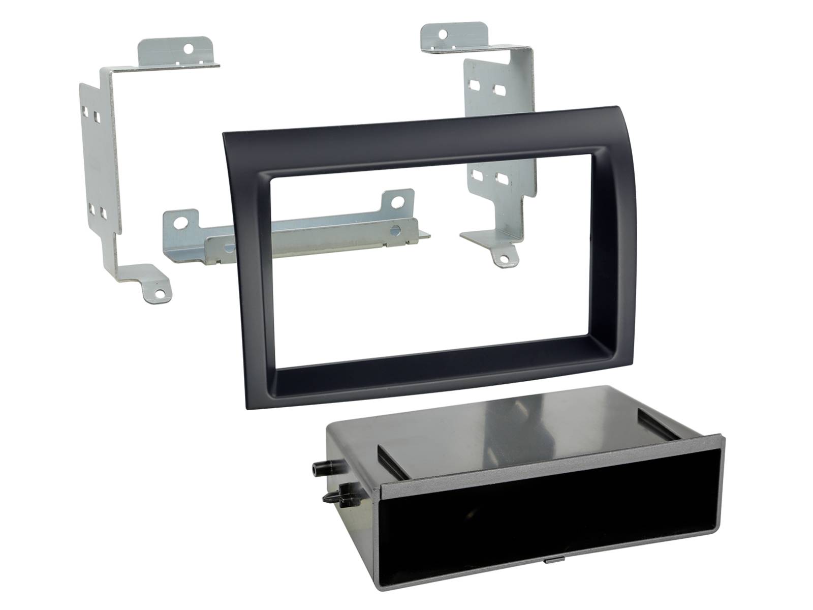 Kit d'installation autoradio avec un cadre de montage au tableau de bord de couleur noire et des supports métalliques pour adapter un autoradio aftermarket à un véhicule.
