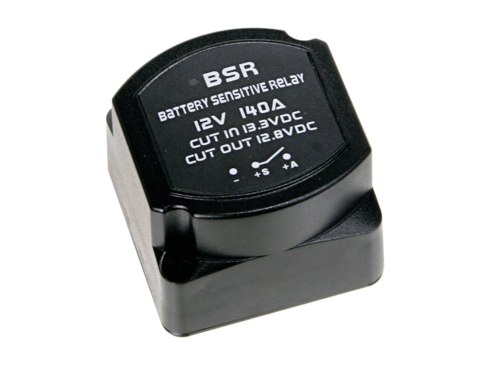 Black BSR battery sensitive relay labeled '12V 140A' with cut-in and cut-out voltage specifications.