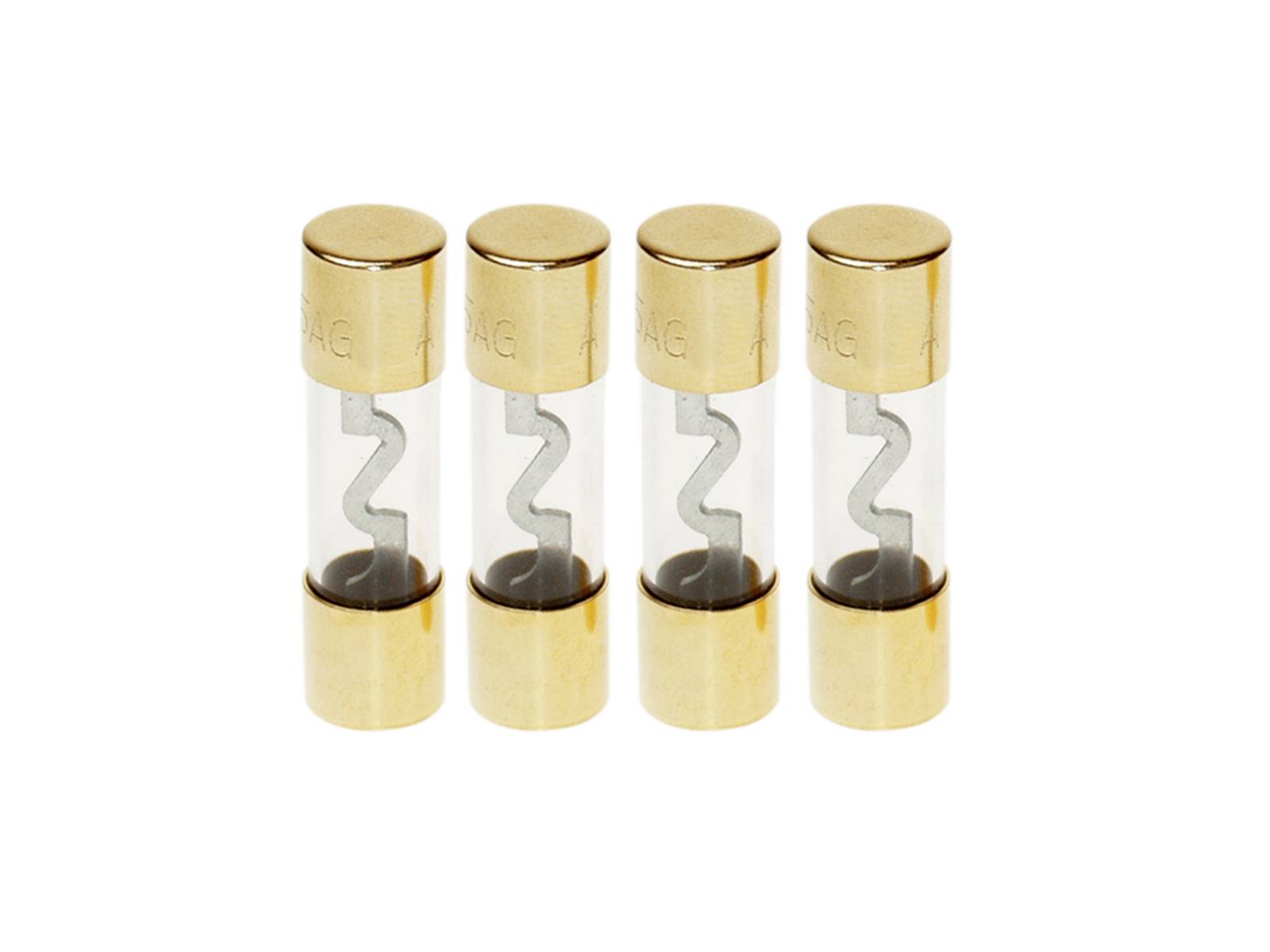 Four glass cartridge fuses with gold-colored metal caps and visible zigzag filaments on a white background.