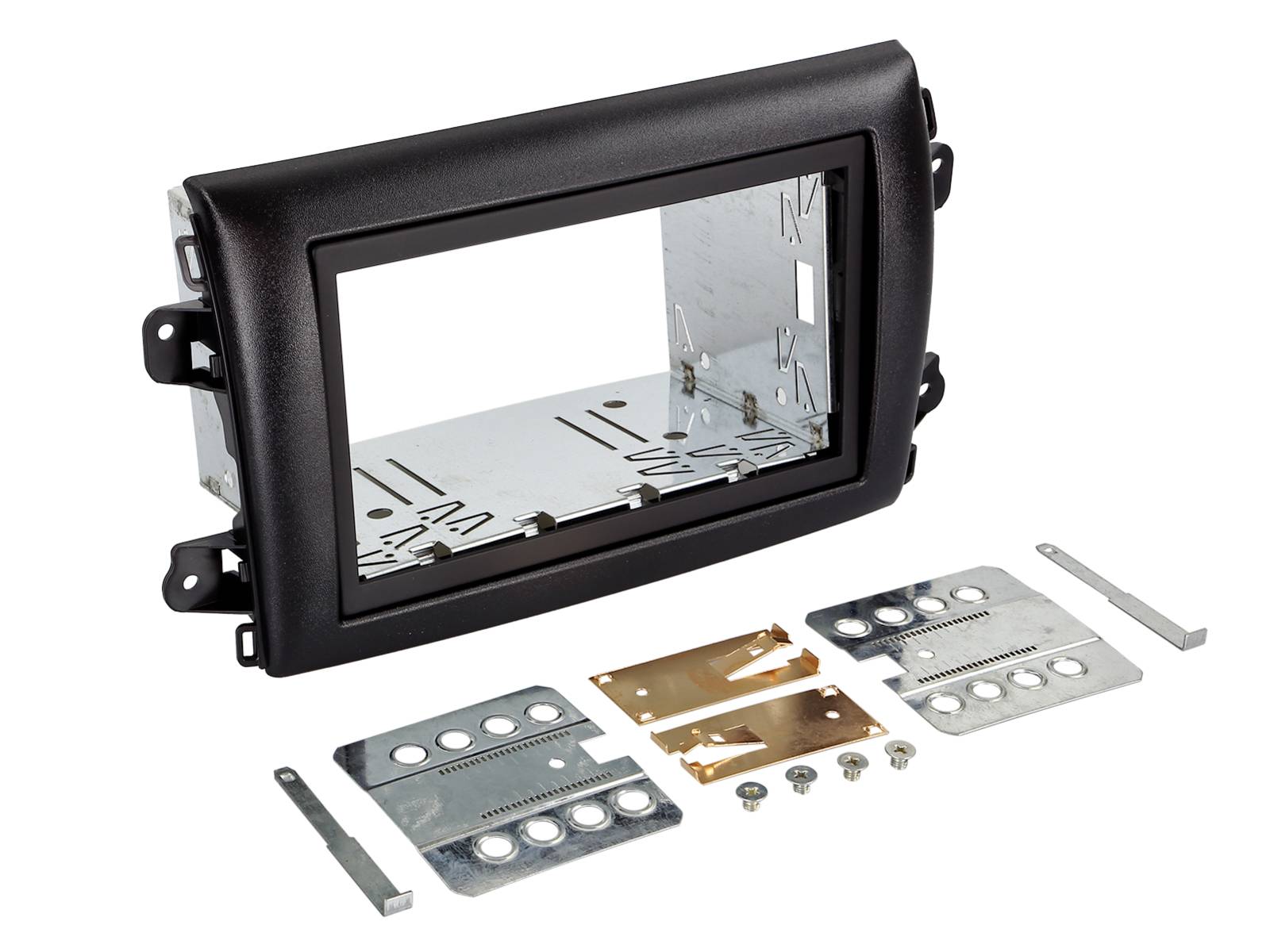 Kit d'installation de stéréo automobile pour tableau de bord avec cadre noir, supports de montage, pièces de finition et vis disposés pour l'assemblage.