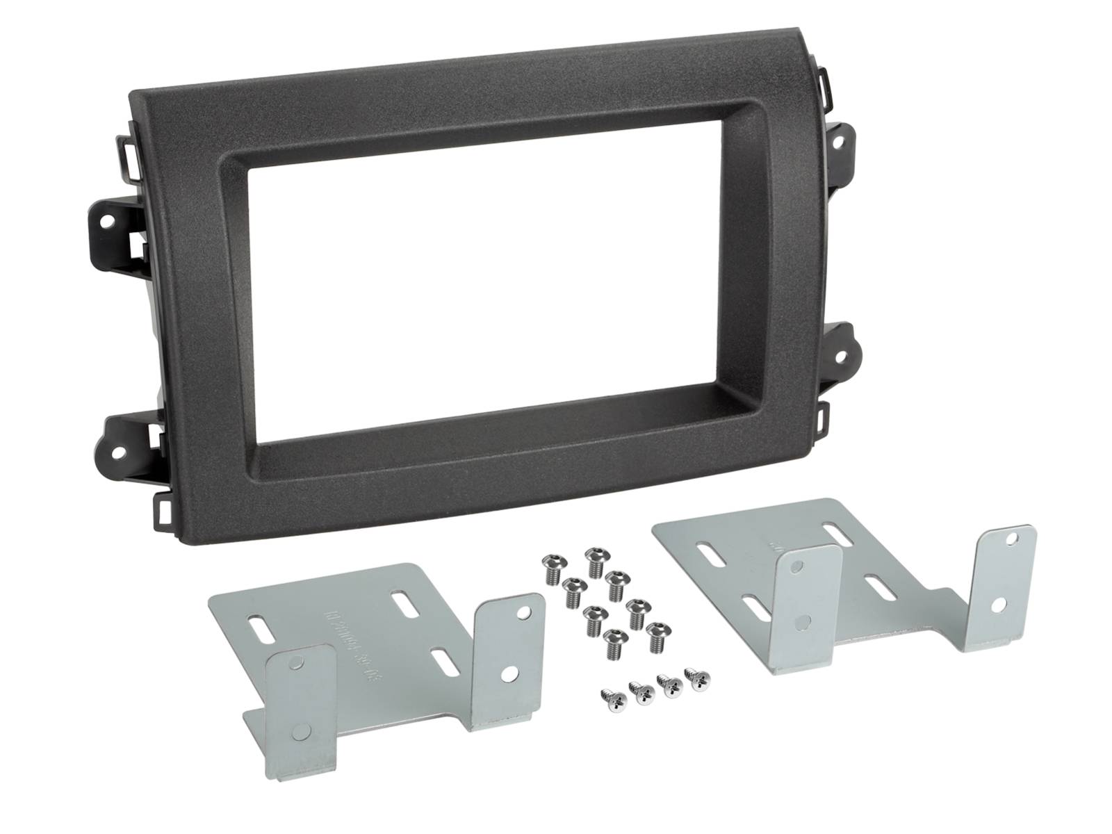 Car stereo dash kit with black rectangular trim bezel, two silver mounting brackets, and screws on a white background.