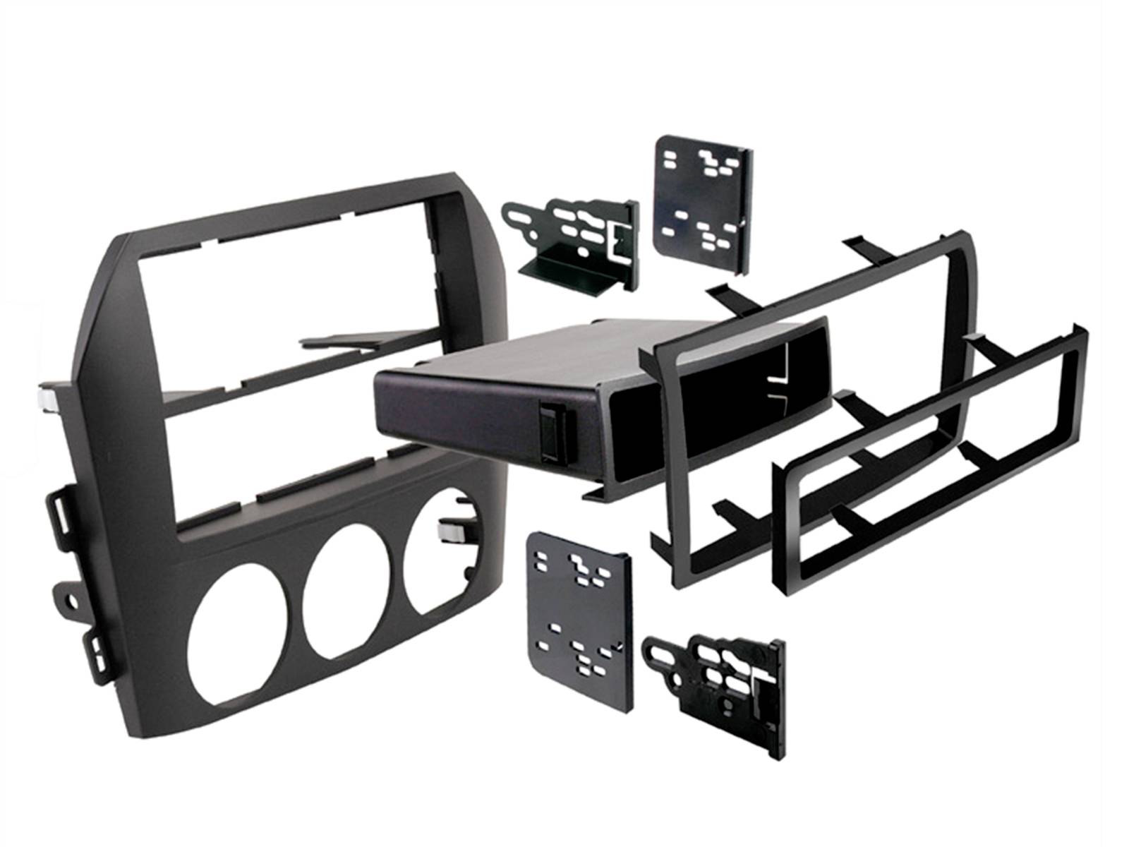 Exploded view of a car stereo dash installation kit, showing the front frame, brackets, mounting plates, and trim pieces.