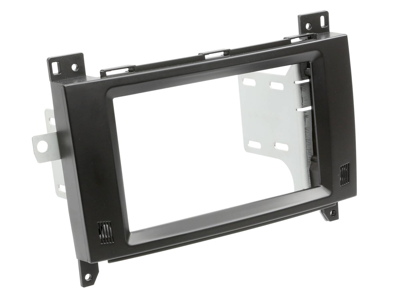 Kit de montage au tableau de bord pour autoradio rectangulaire noir avec supports métalliques et languettes latérales sur fond blanc.