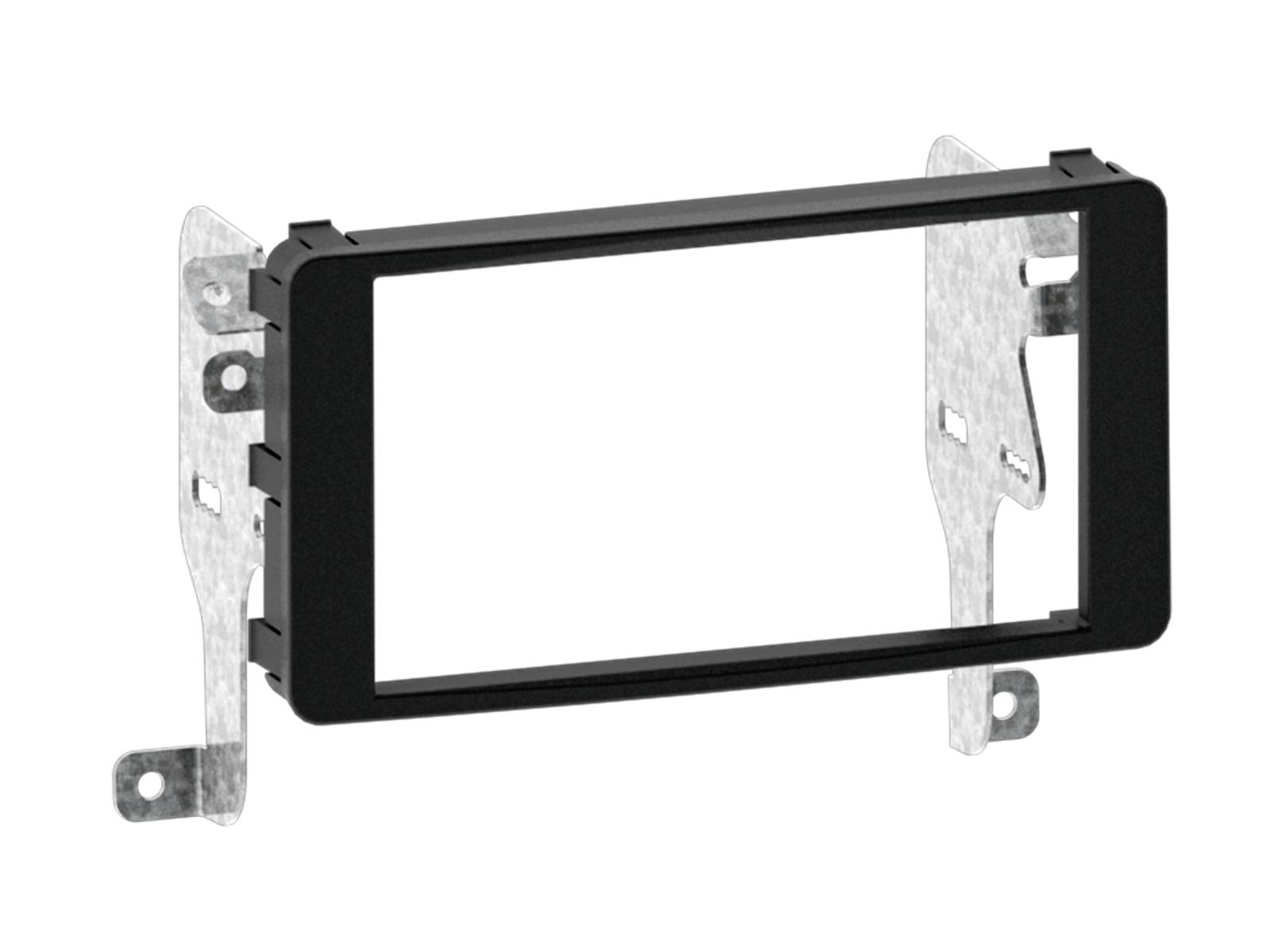Kit d'installation d'autoradio avec deux supports de montage, faisceaux de câblage, connecteurs et un module d'interface bleu sur un fond blanc.