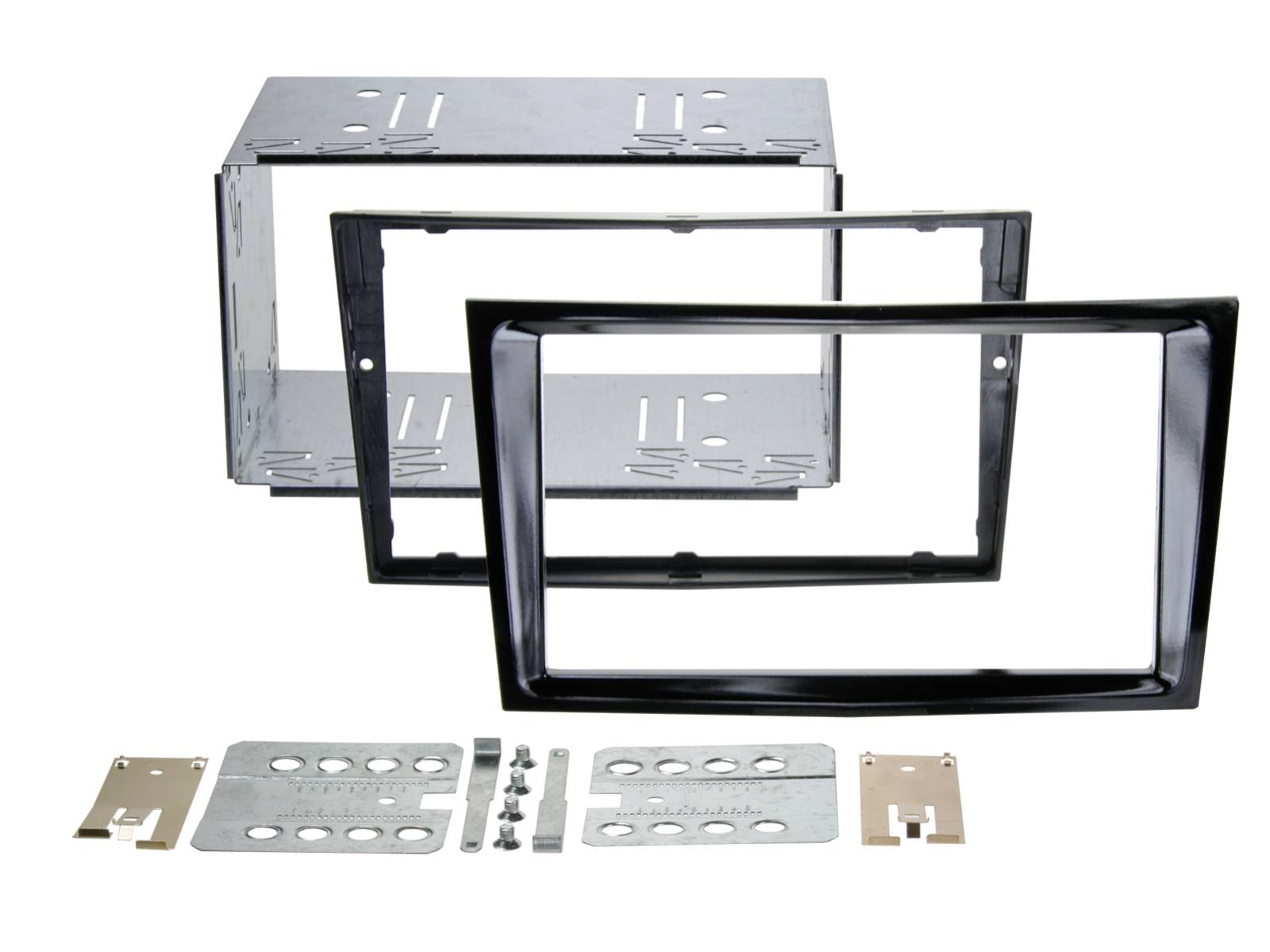 Kit d'installation d'autoradio avec supports de tableau de bord en métal, façades noires et vis de montage disposés sur un fond blanc.