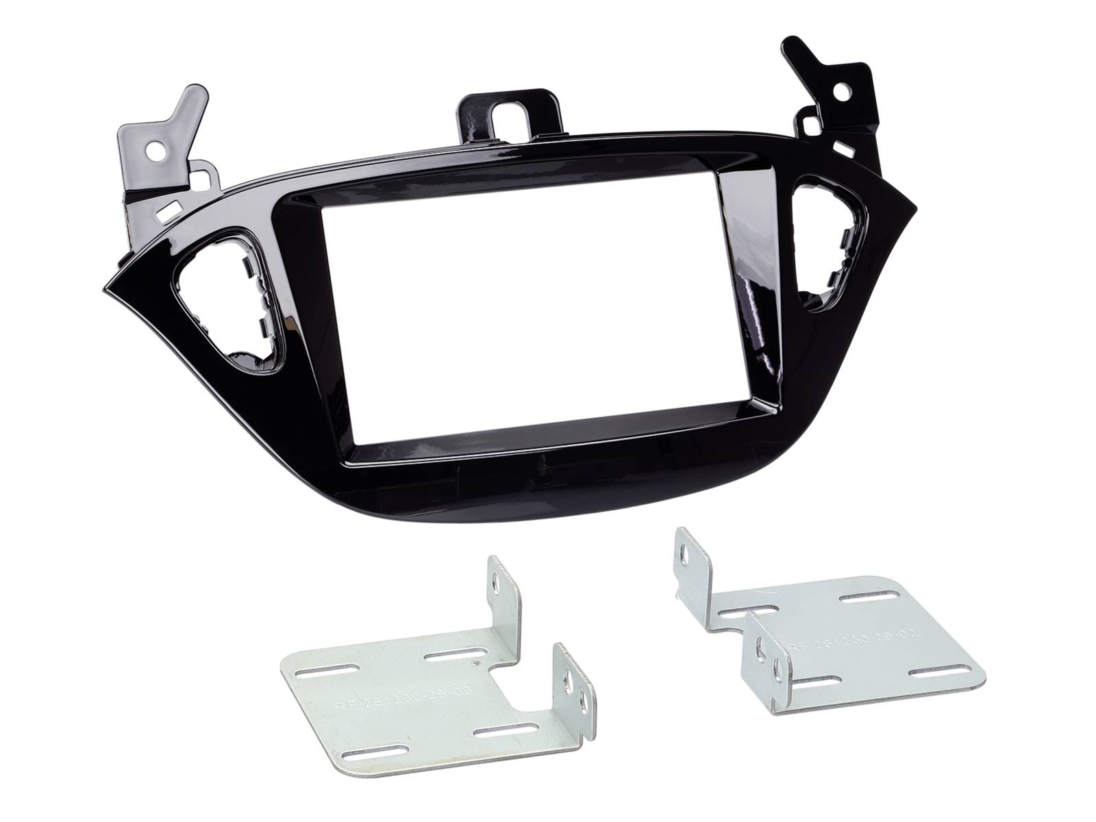 Kit de stéréo de voiture noir pour tableau de bord avec supports de montage et bordure de finition, montré avec deux supports latéraux métalliques sur fond blanc.