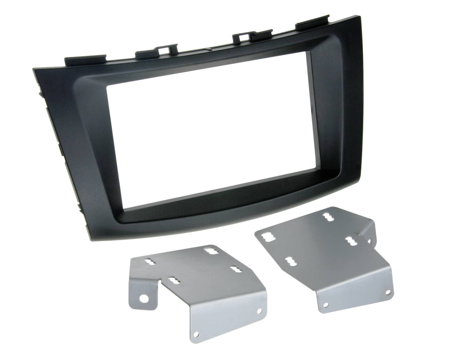 Black plastic dashboard bezel with two gray mounting brackets for installing a car stereo or display.
