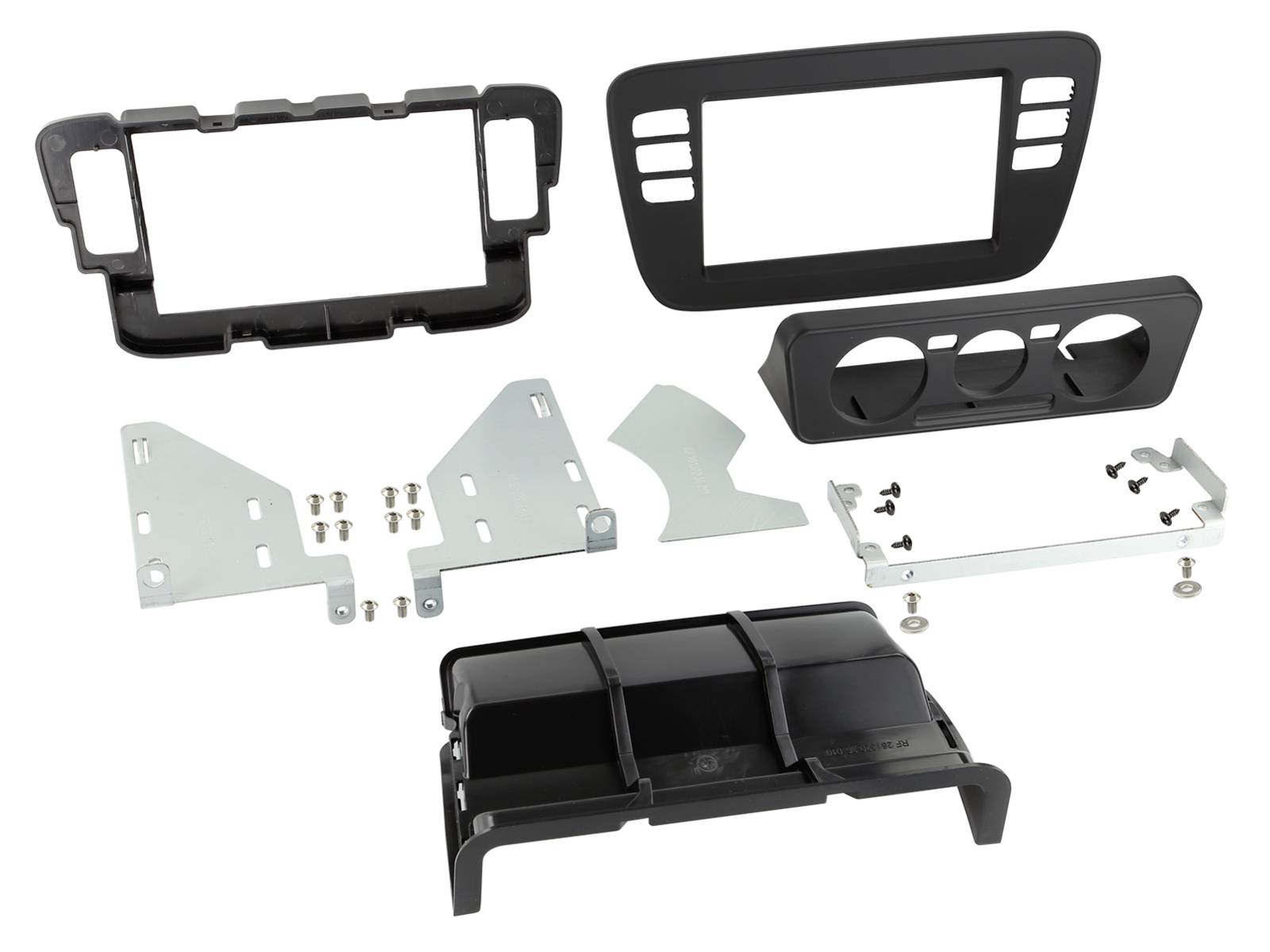 Assorted black and gray plastic and metal car dashboard trim and mounting panels, shown as separate replacement parts with screws.