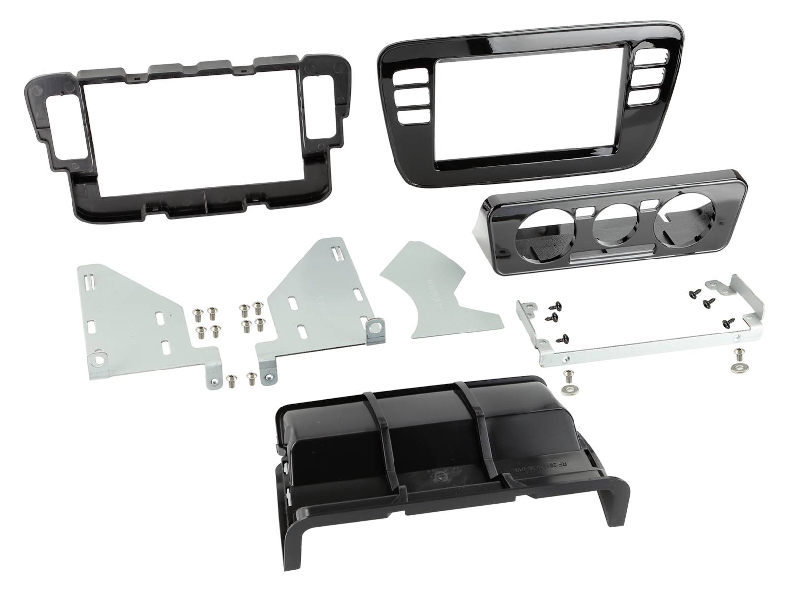 Assorted car dashboard radio and climate control trim panels with mounting brackets, screws, and plastic inserts laid out on a white background.