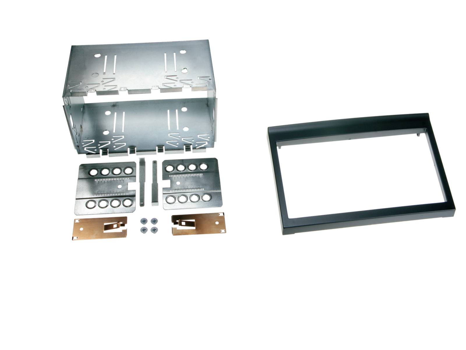 Metal electrical enclosure kit with box, front frame, mounting plates, and small hardware parts laid out separately on a white background.