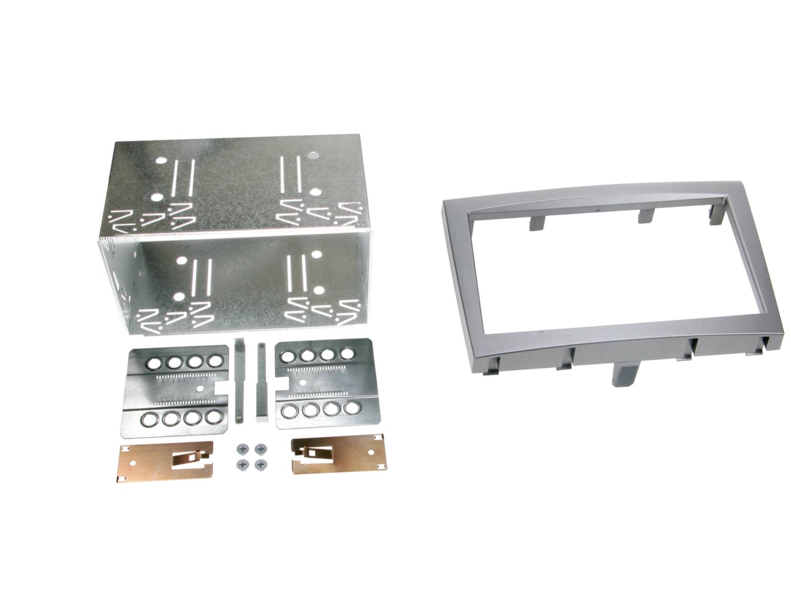 Metal mounting kit with a rectangular bracket, slotted enclosure, and small screws and plates laid out on a white background.