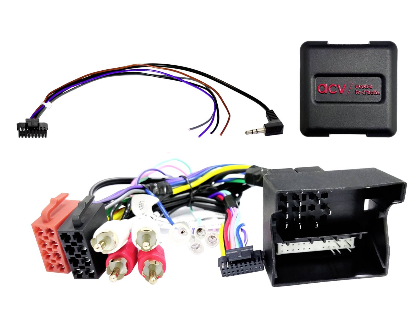 Kit adaptateur de faisceau de câblage de stéréo automobile avec connecteurs multiples, fiches RCA et module de commande noir sur fond blanc.