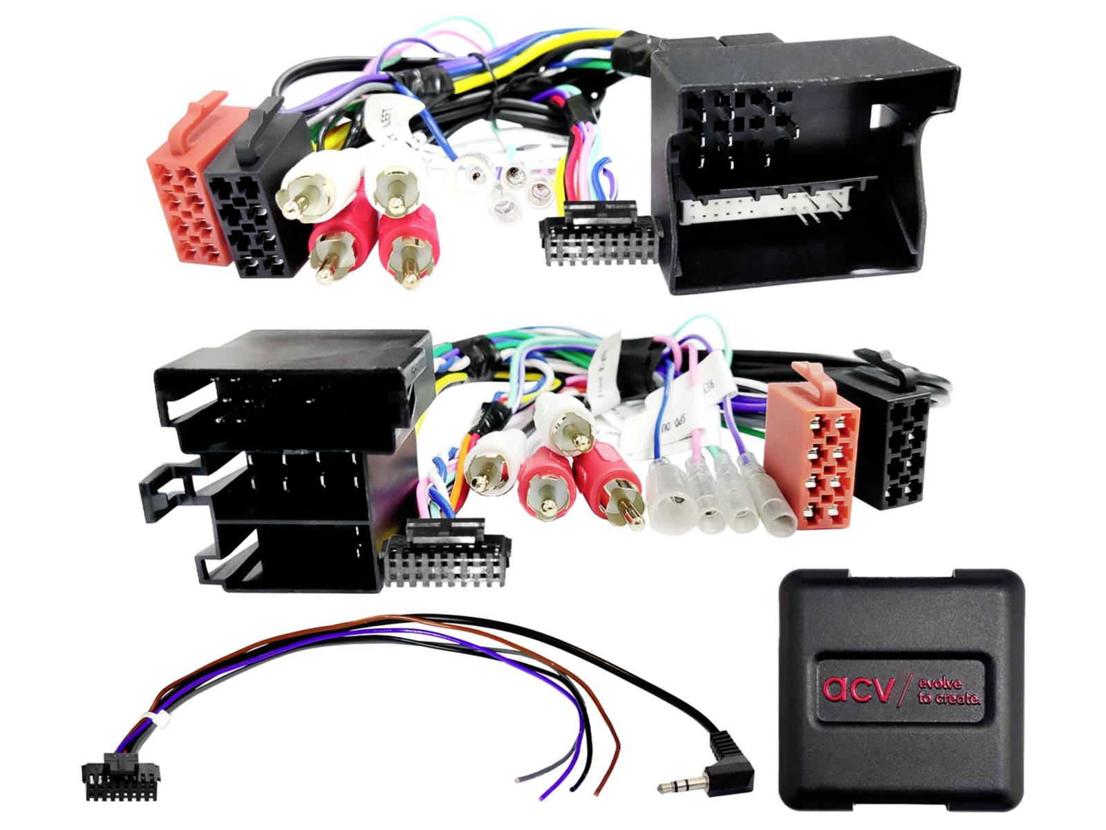 Collage of car audio wiring harnesses and adapters with multiple connectors, RCA plugs, and a black ACV interface module on a white background.