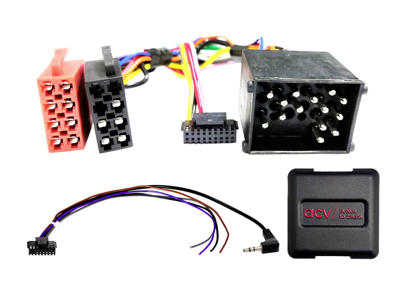 Kit de faisceau de câblage pour autoradio avec connecteurs multicolores, câbles et un module adaptateur ACV noir.