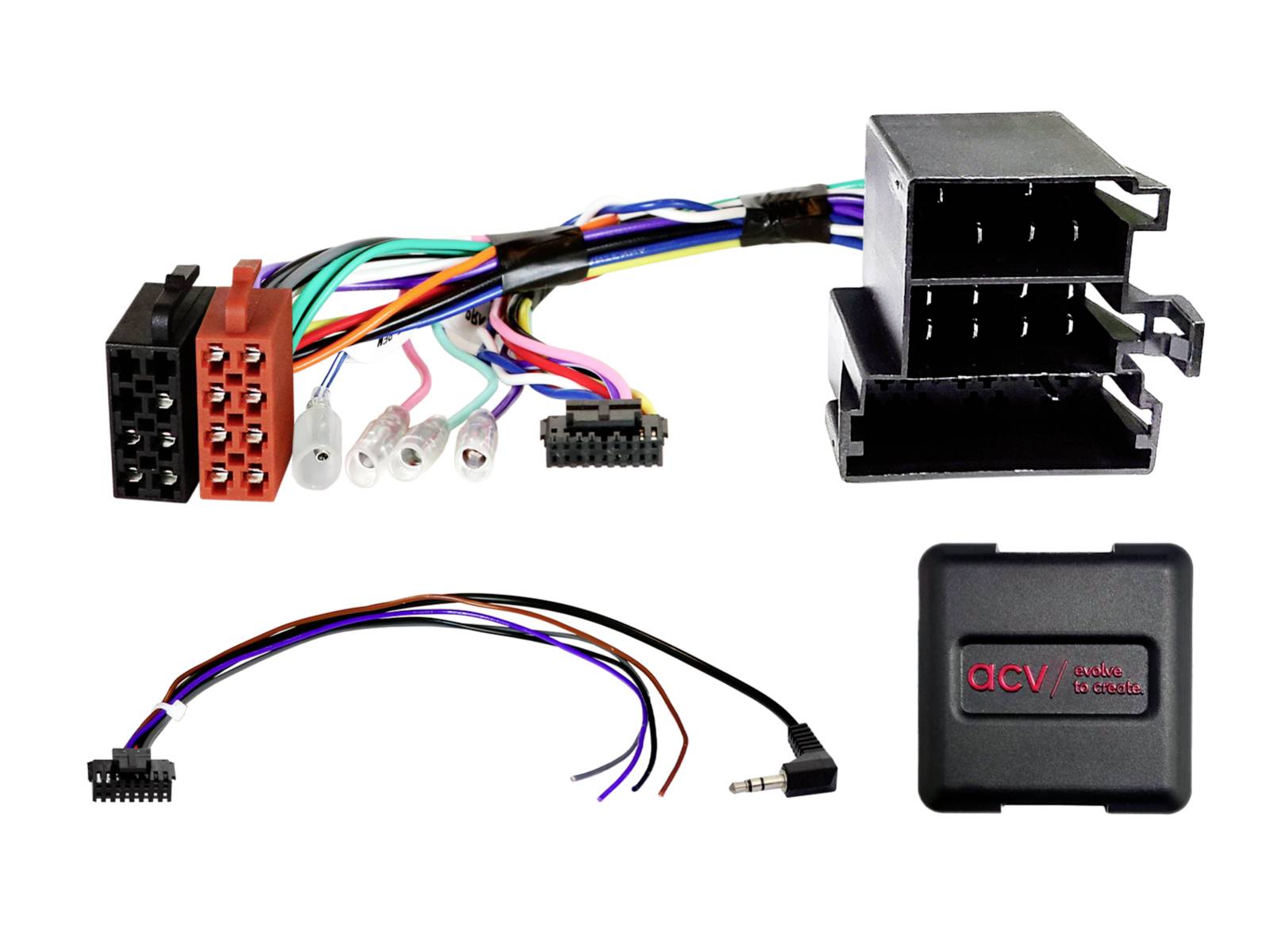 Kit de faisceau de câblage pour autoradio avec connecteurs codés par couleur, fiches d'adaptation et un petit module d'interface ACV sur fond blanc.