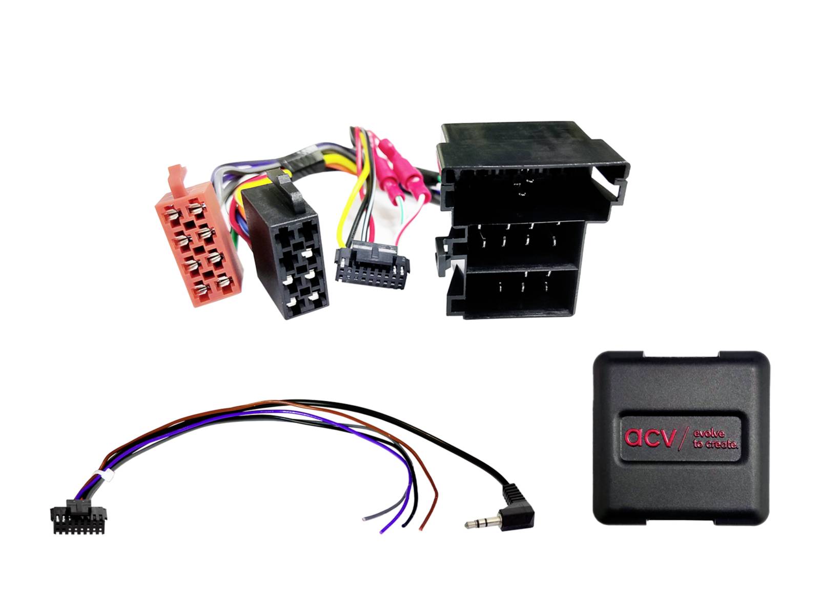 Kit adaptateur de câblage pour autoradio avec plusieurs connecteurs multi-broches, des fils de couleur libres et un petit module adaptateur audio DCV noir.