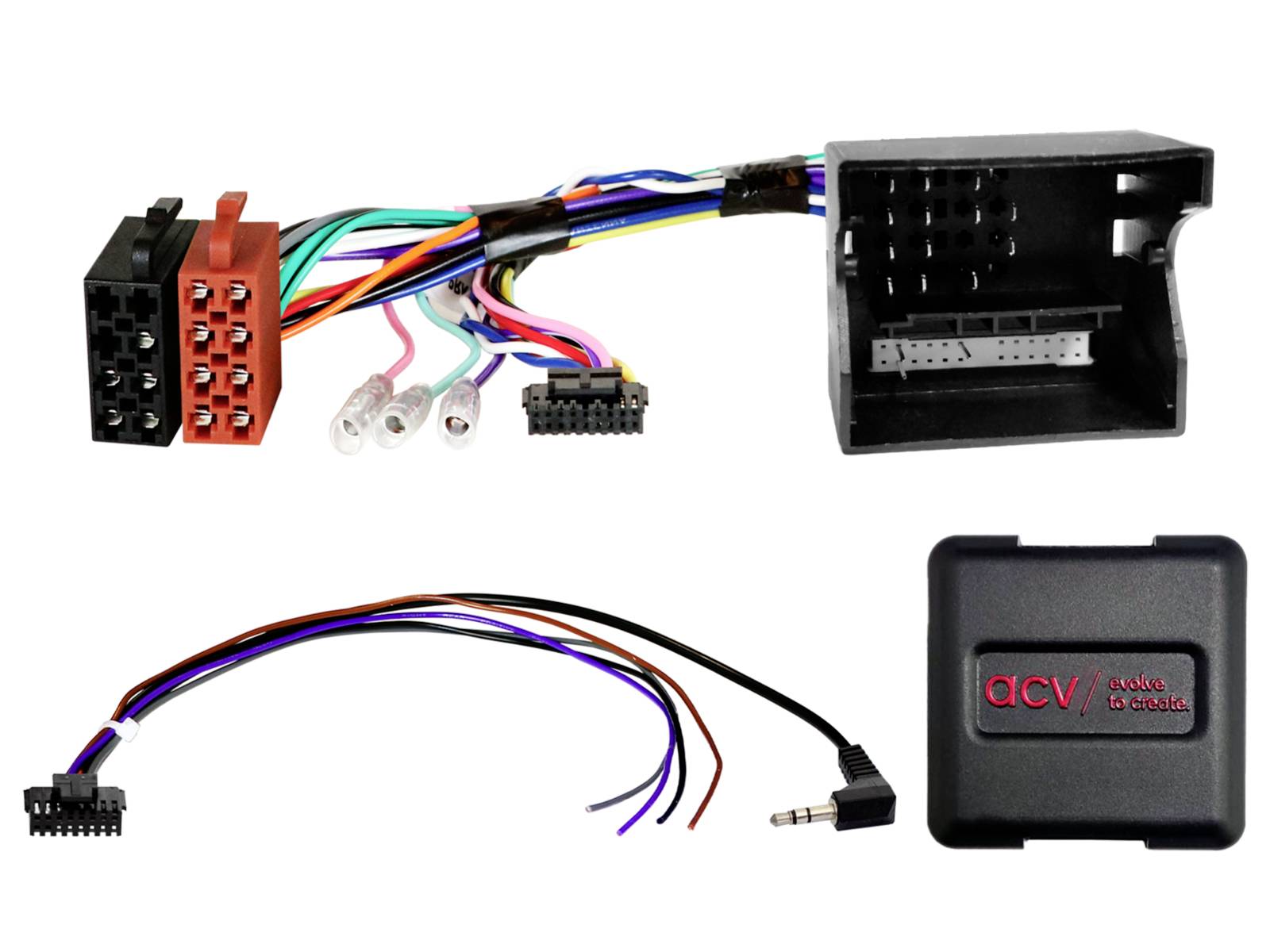 Kit de faisceau de câblage pour autoradio avec deux fiches de connecteur, fils à code couleur détachés, câble jack 3,5 mm et un module d'interface ACV noir.