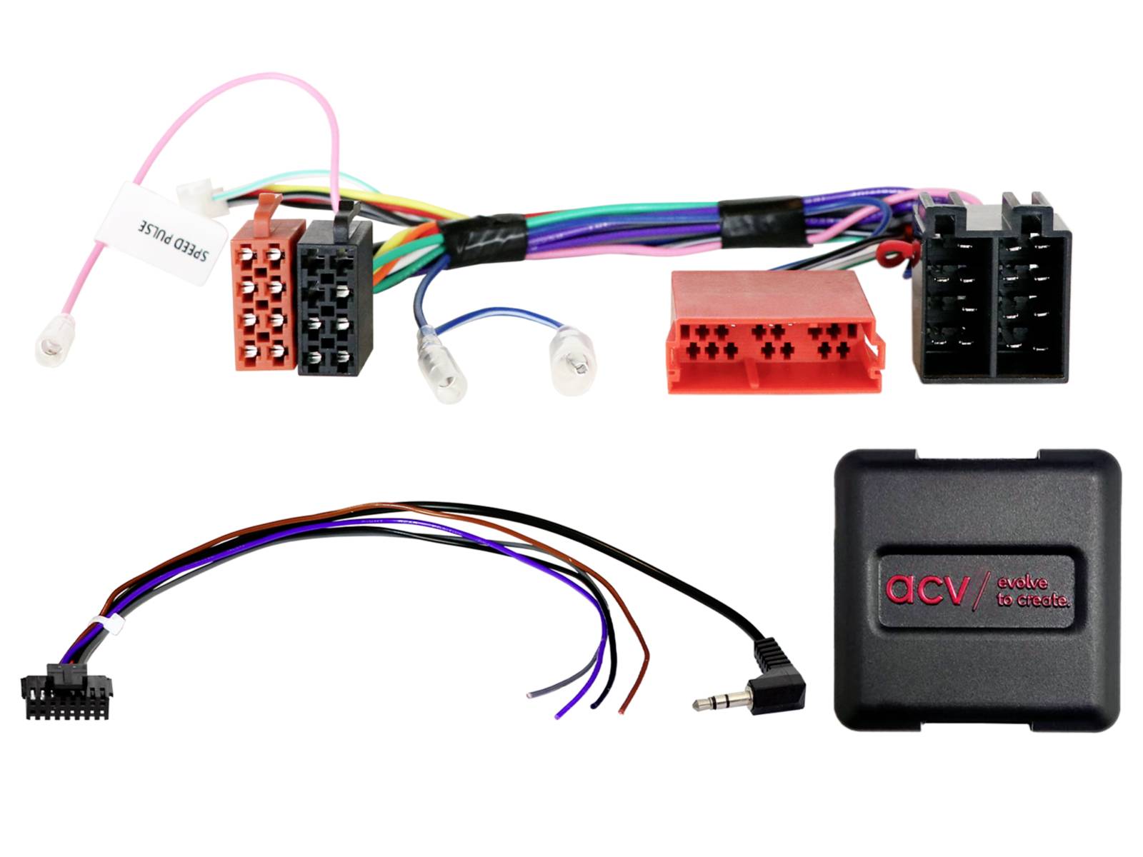 Car stereo wiring harness kit with colored connector plugs, loose wire leads, and a small black 'ACV' module.