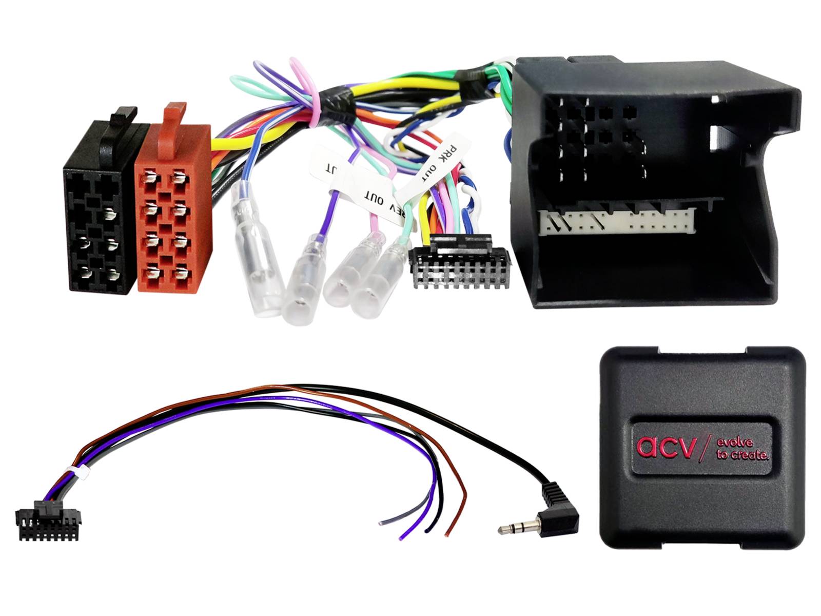 Car stereo wiring harness kit with two vehicle connectors, labeled wire leads, 3.5 mm plug, and a black ACV interface module box.