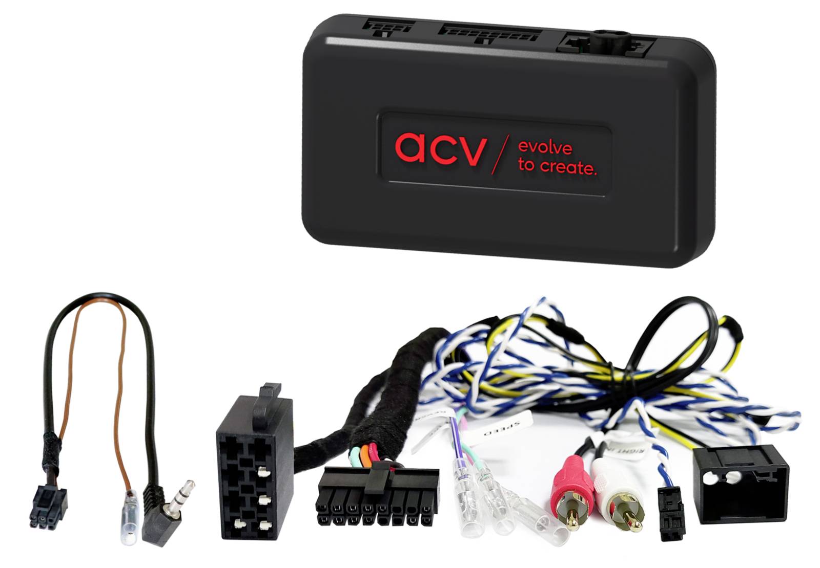 Kit d'interface de câblage d'autoradio avec boîtier de commande ACV et plusieurs adaptateurs de faisceau, fiches et connecteurs sur fond blanc.