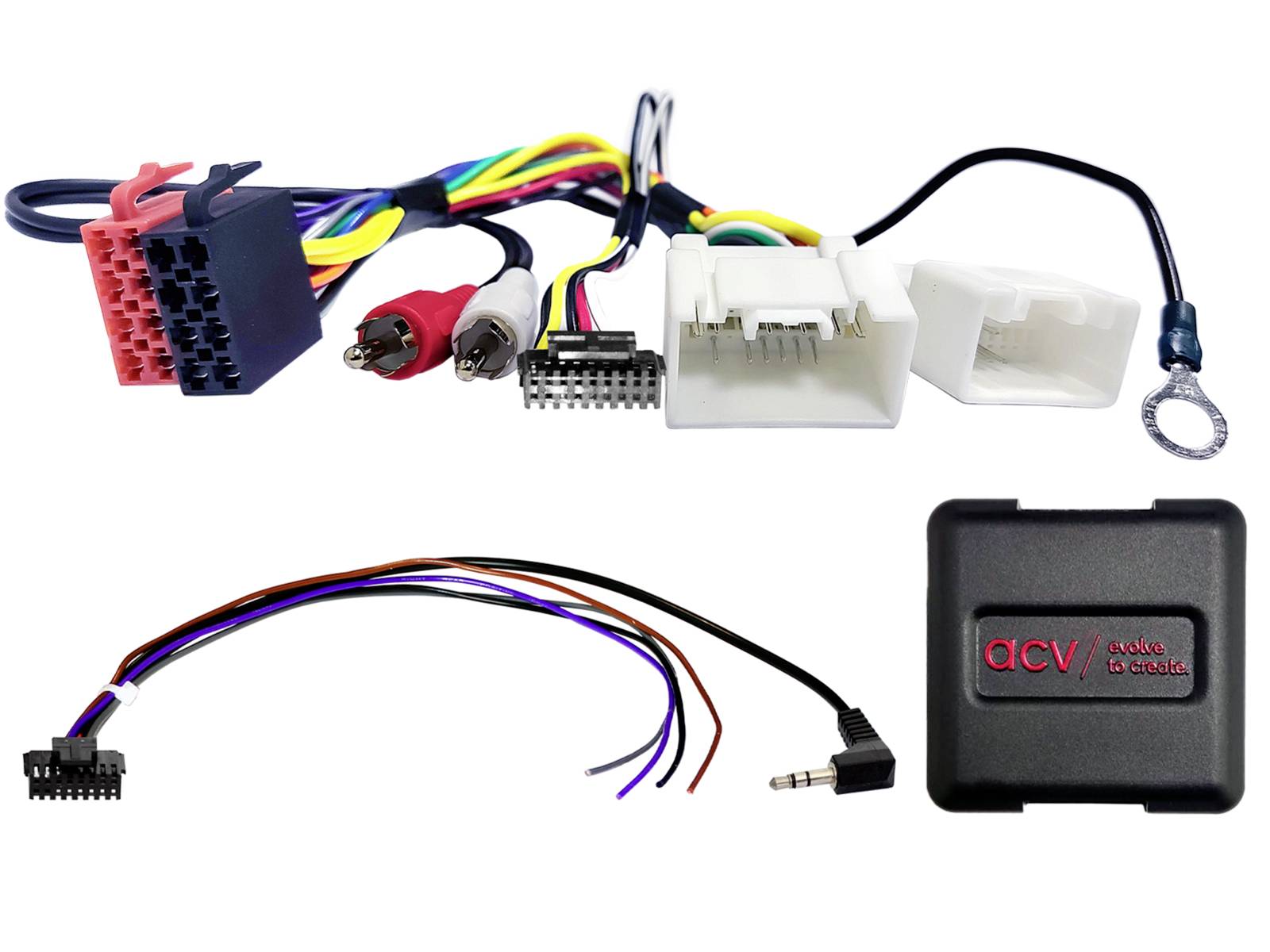 Car stereo wiring adapter kit with multiple harness connectors, RCA plugs, loose wires, and a black 'acv' interface box.