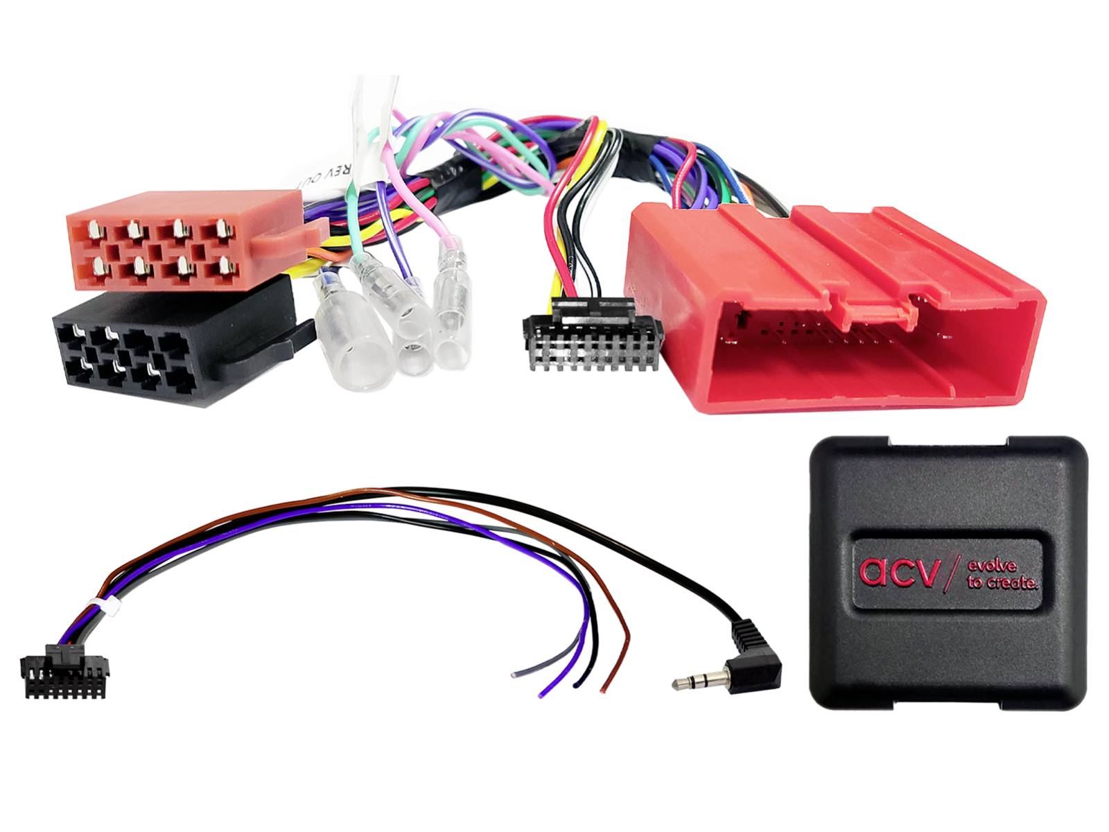 Car stereo wiring harness and adapter kit with colorful connector plugs, RCA leads, and a black ACV interface module on a white background.