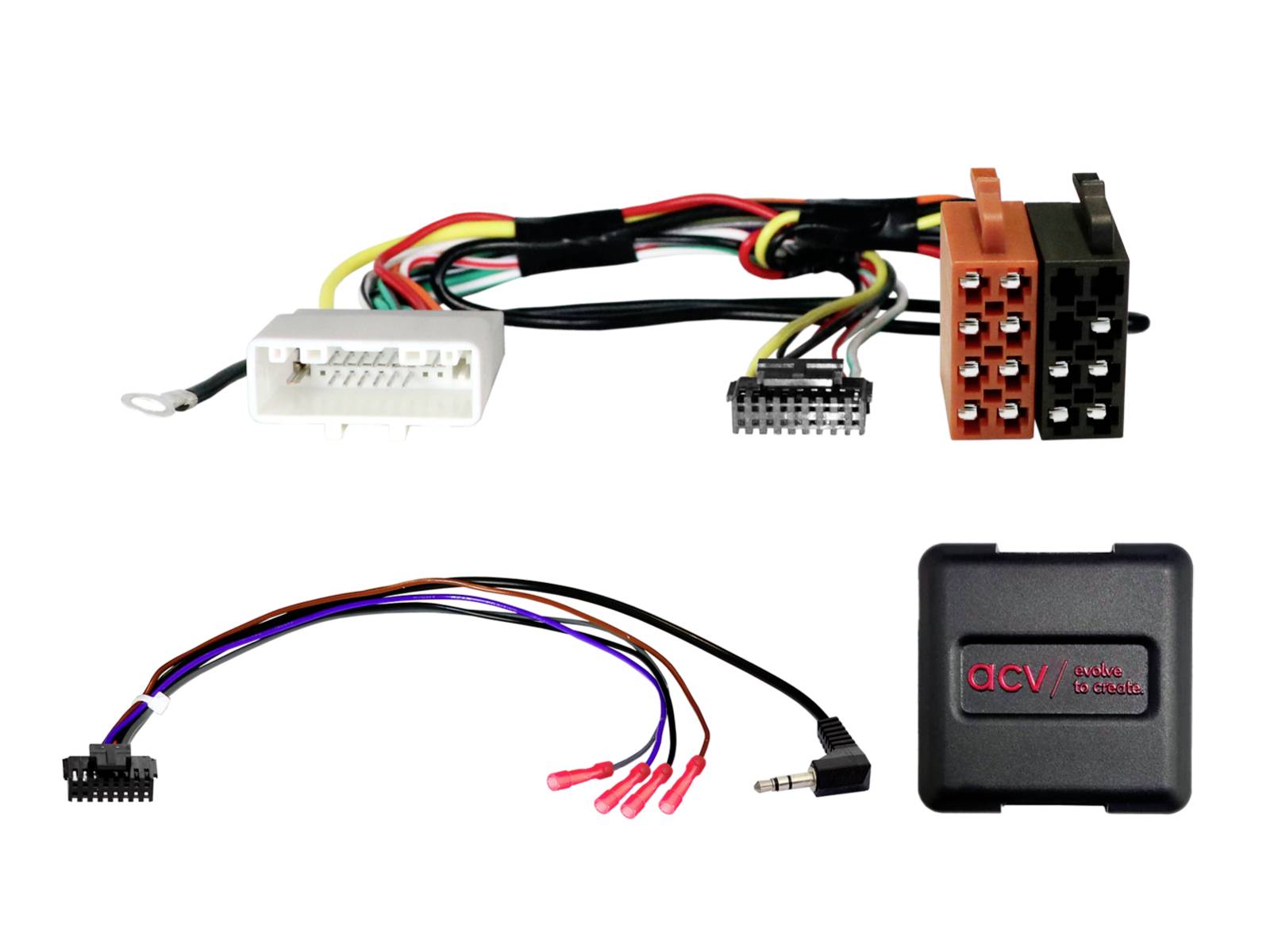 Car audio wiring harness kit with two adapter cables and a black ACV interface module on a white background.