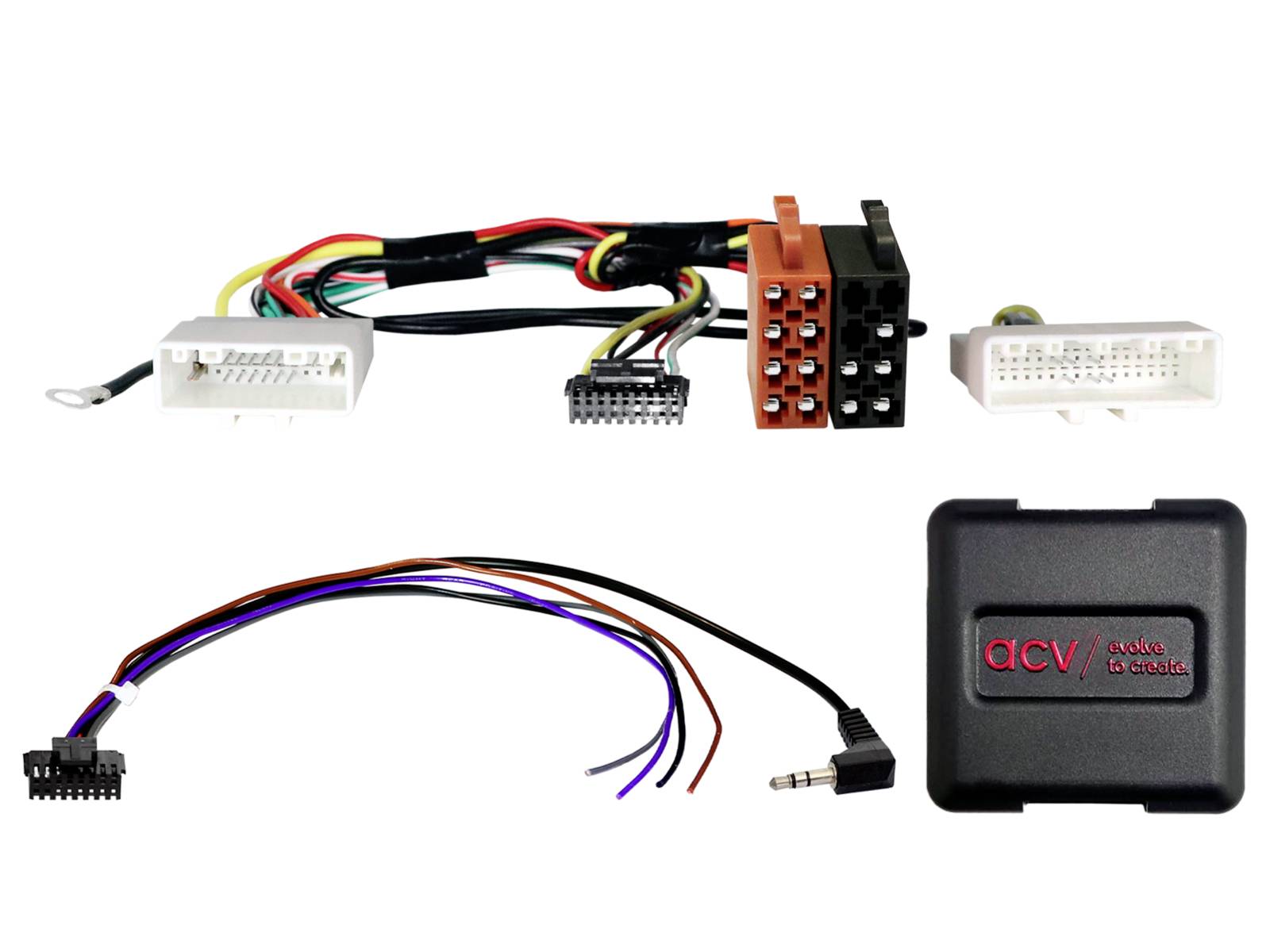 Kit de harnais de câblage audio automobile avec plusieurs connecteurs, fils de couleur détachés et un module adaptateur ACV noir.