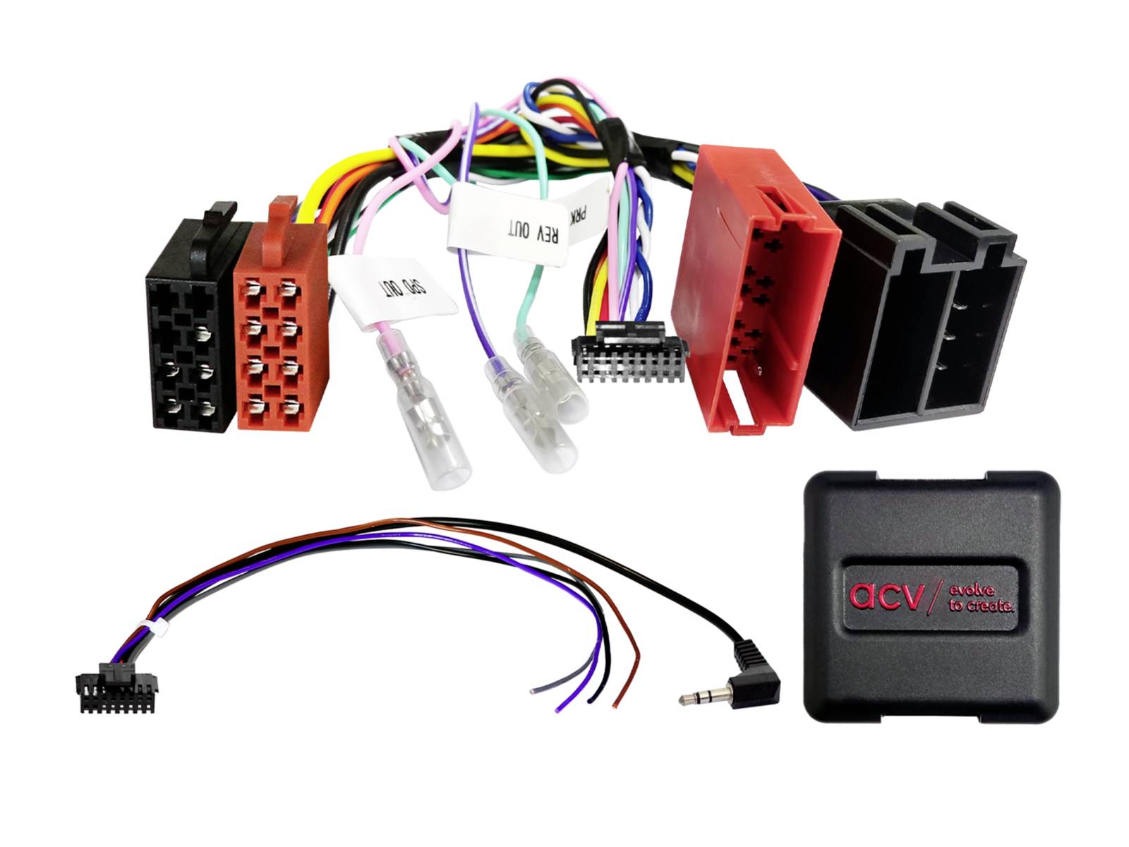Car stereo wiring harness kit with multiple colored connectors, exposed wires, and a small black interface box with 'ACV' logo.