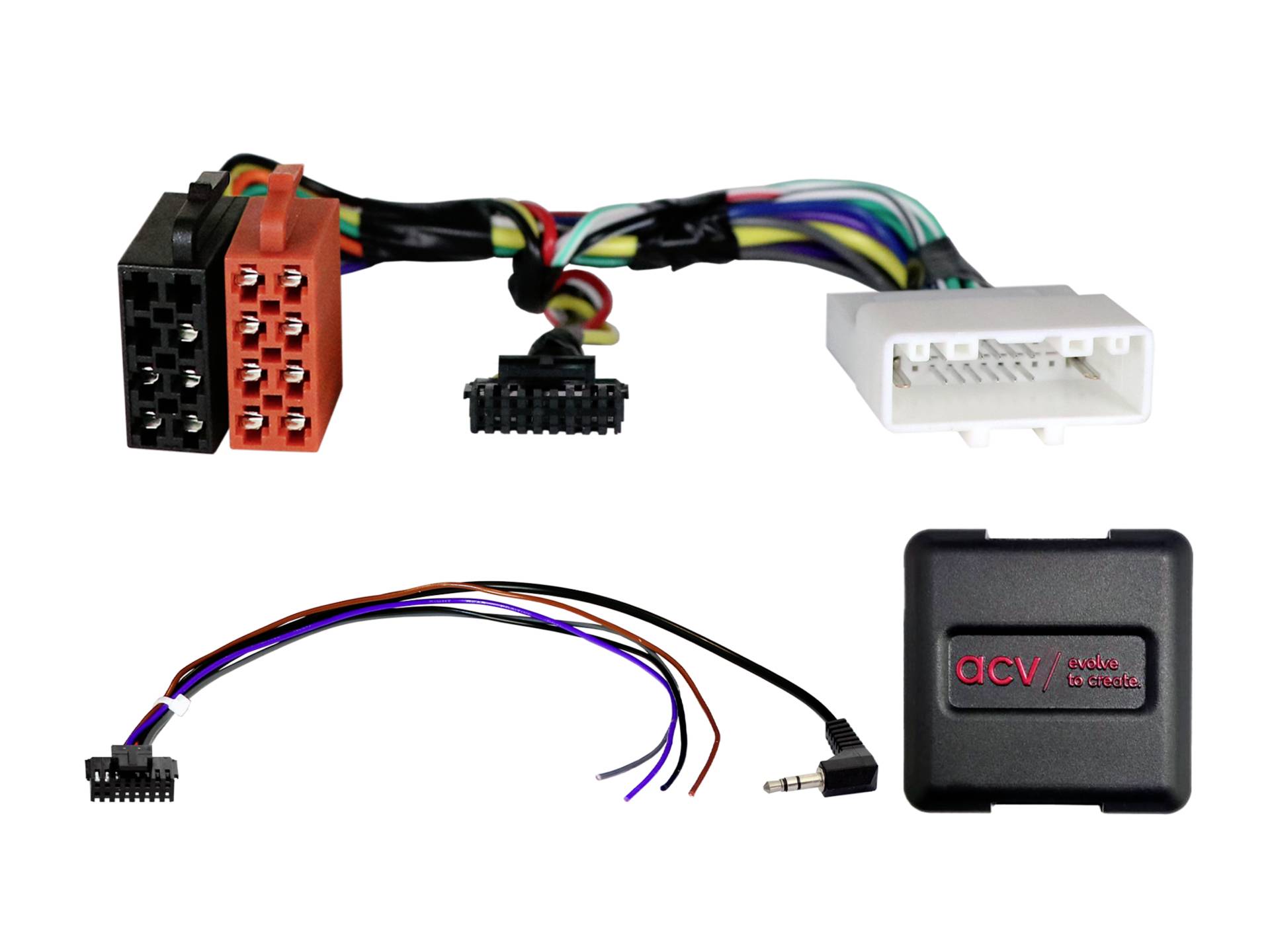Kit de faisceau de câblage pour autoradio avec plusieurs fiches de connecteur, une petite boîte d'interface et des câbles de couleur variée et une prise jack 3,5 mm.