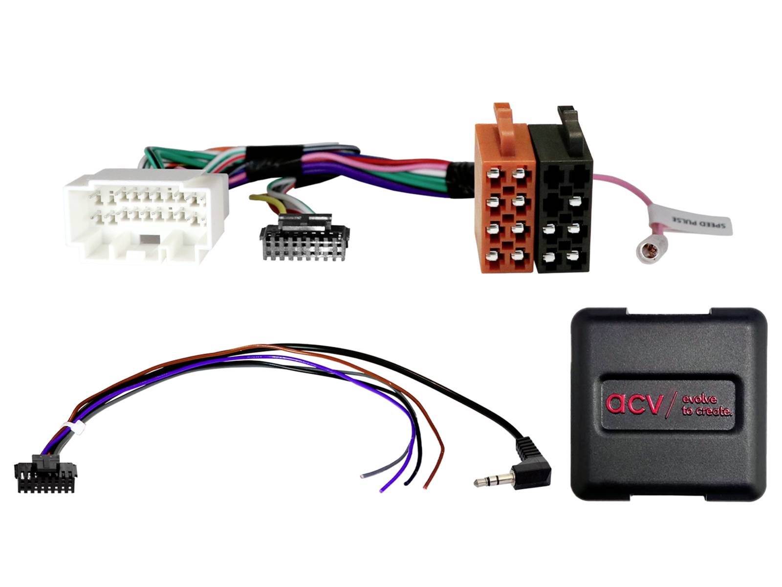 Car audio wiring harness kit with multiple connector plugs, an adapter box, and loose lead wires on a white background.