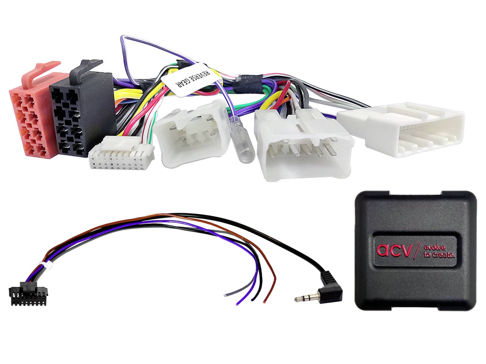 Car audio wiring harness kit with multiple color-coded connectors, loose wires, and a small black control module labeled 'acv'.