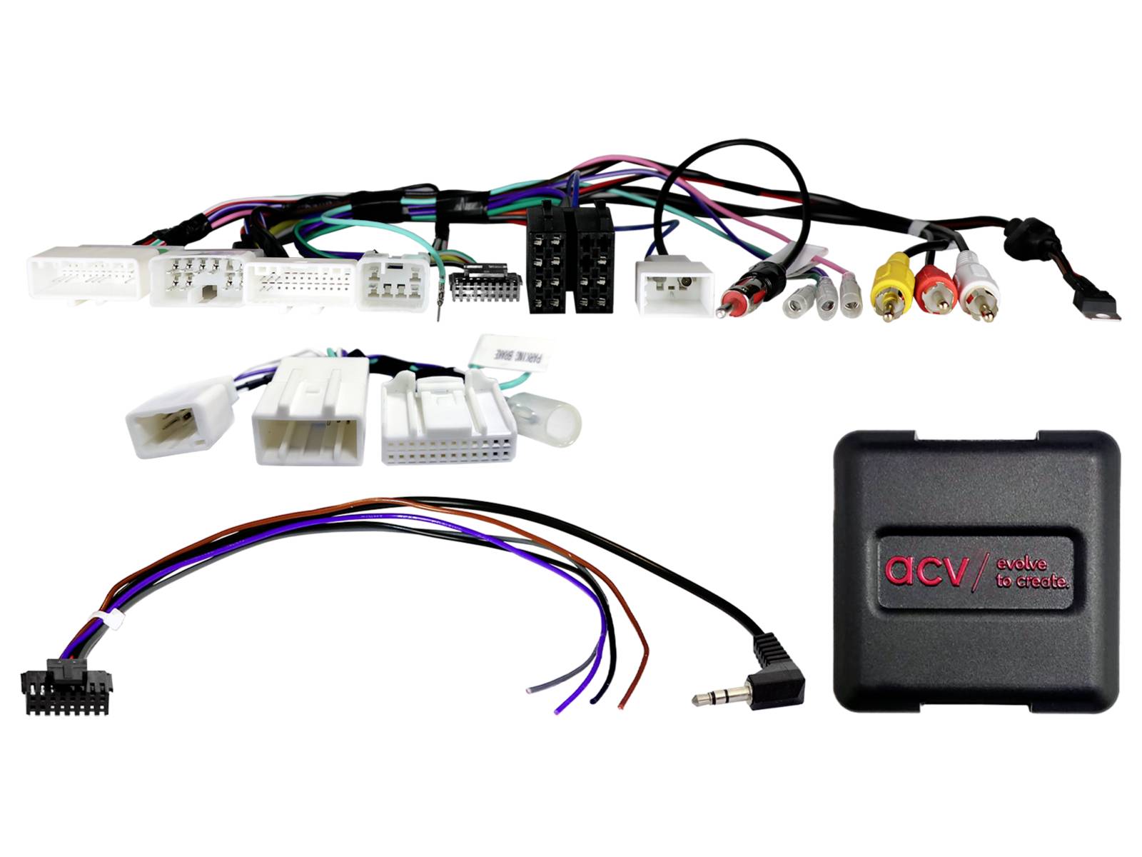Car stereo wiring adapter kit with multiple harness connectors, RCA plugs, a 3.5 mm jack, and a black dCV module box.