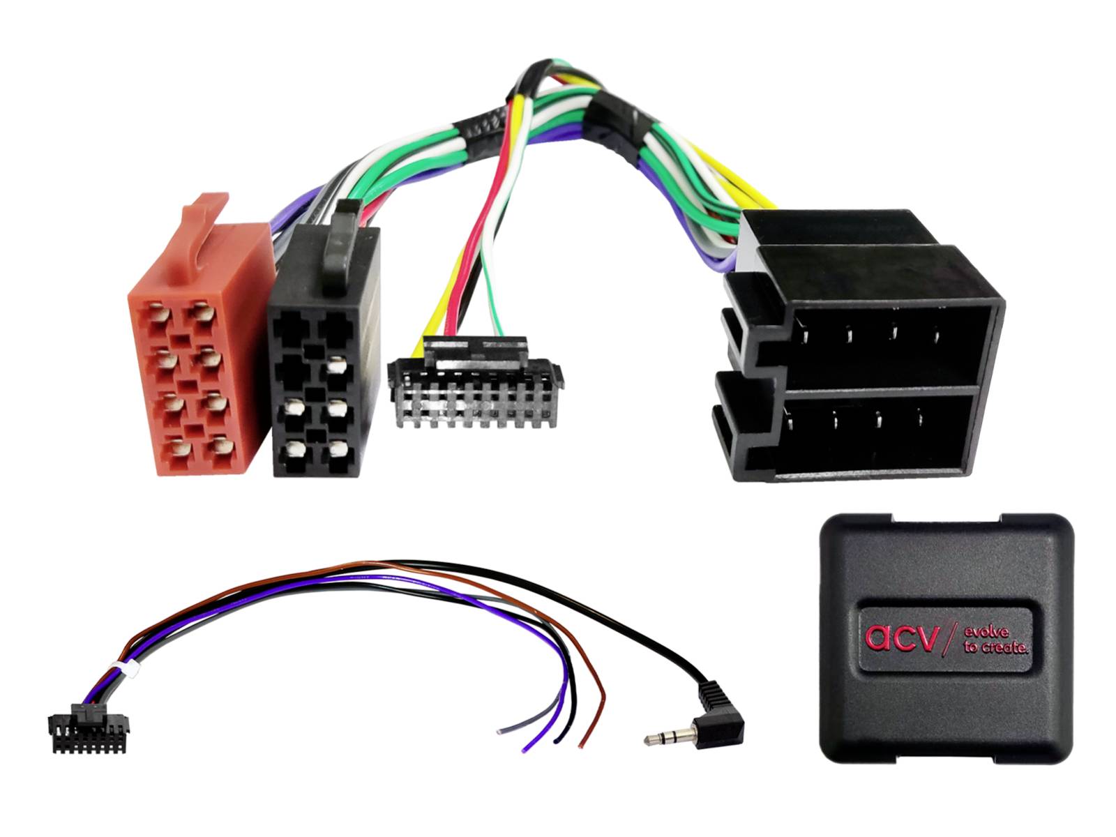 Car stereo wiring harness kit with color-coded connectors, adapter cable, 3.5 mm plug, and a black 'DCV' interface module.
