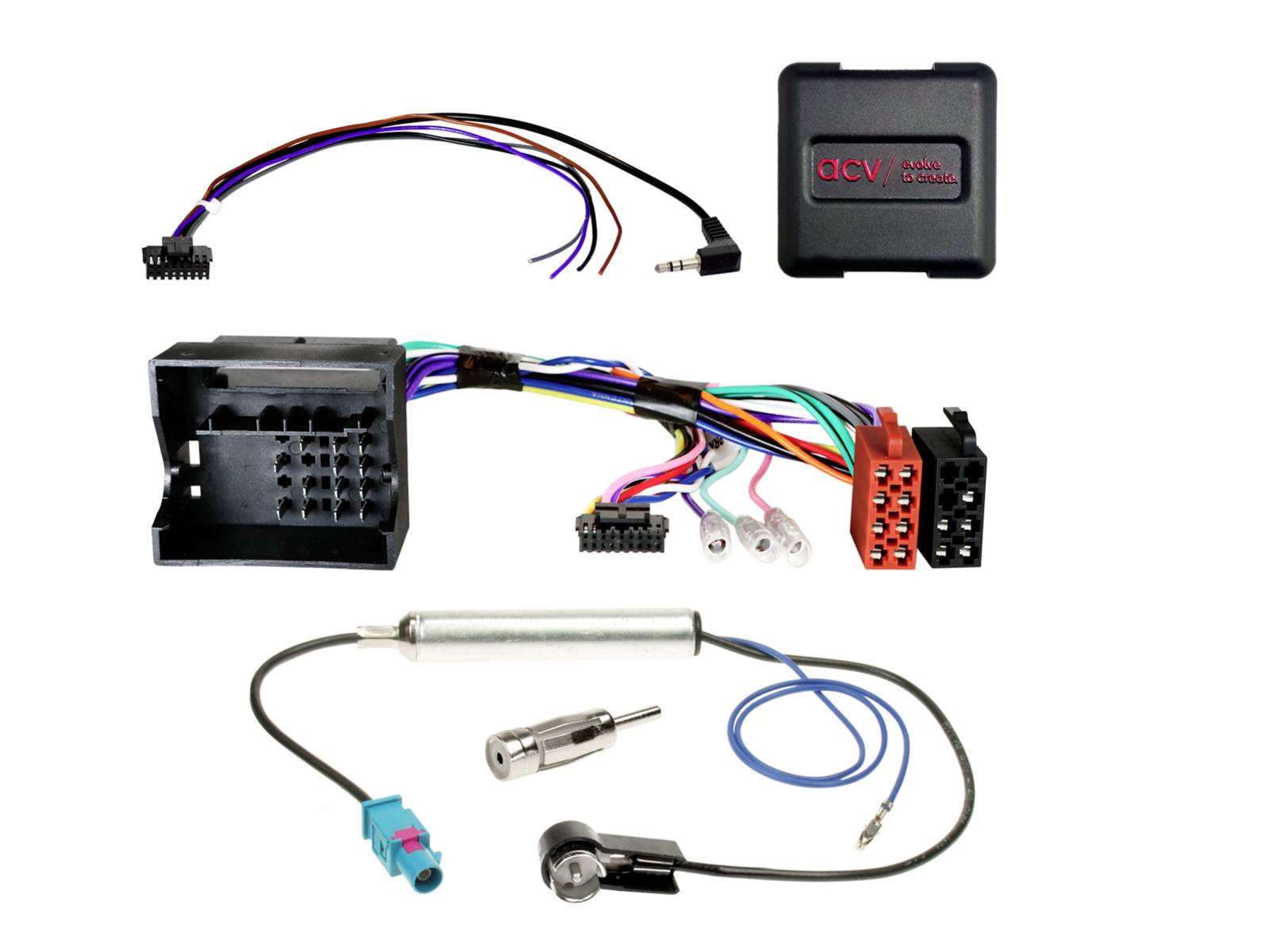 Kit de faisceau de câblage avec un module DCV noir, des connecteurs et un ensemble de câble de capteur sur fond blanc.