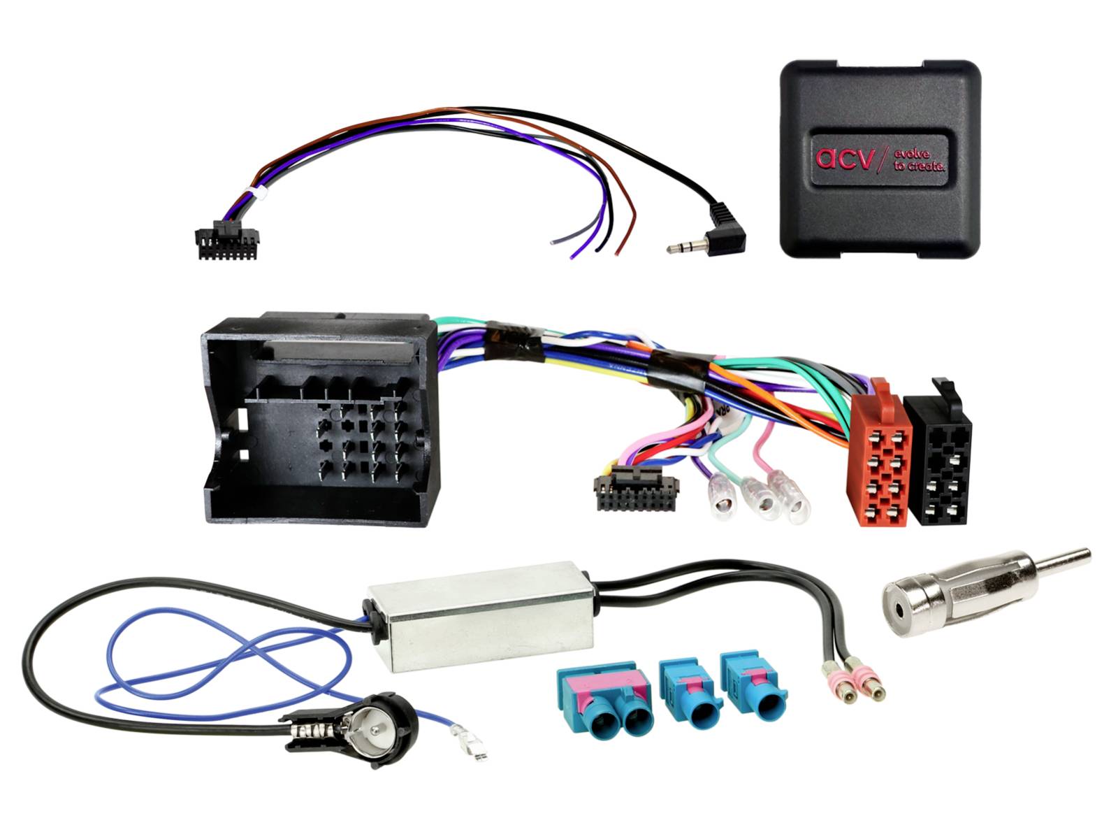 Product image of an ACV car audio adapter kit: control module, wiring harnesses, connectors, inline fuse holder, switch, and small ports/adapters.