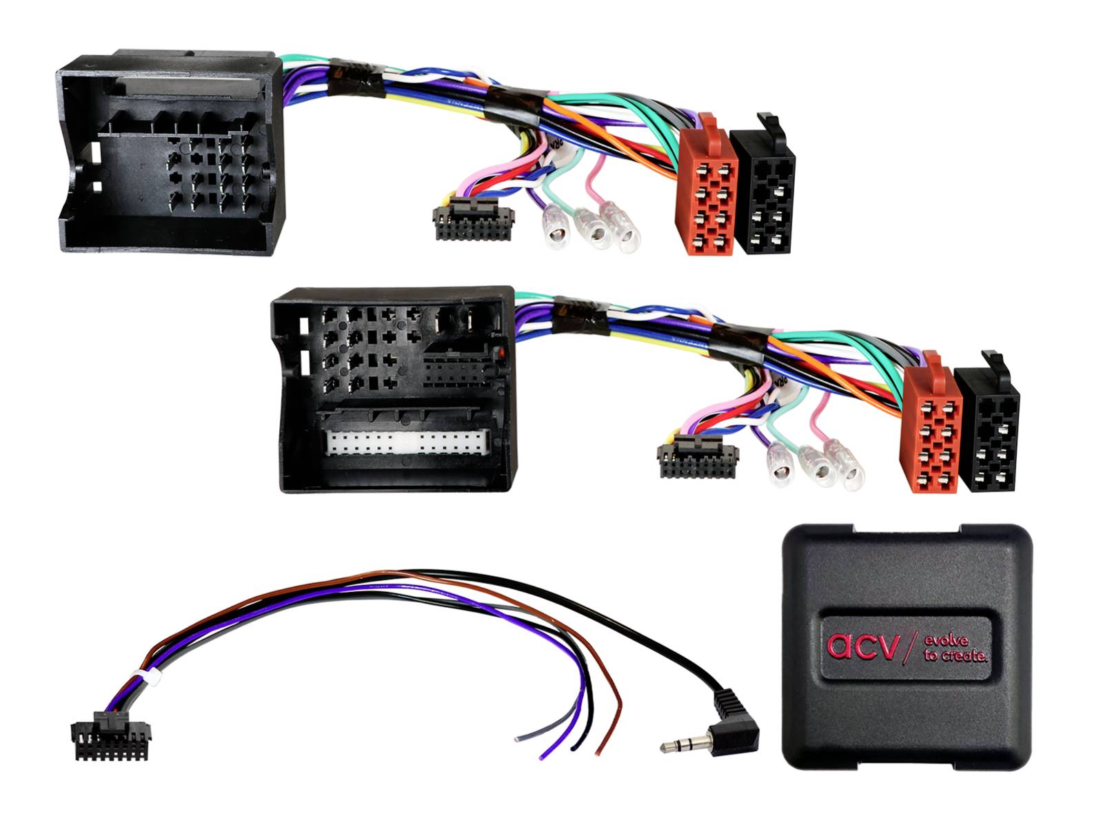 Car stereo wiring harness adapter with two connector plugs, loose color-coded wires, and a small black 'aCV' control module.