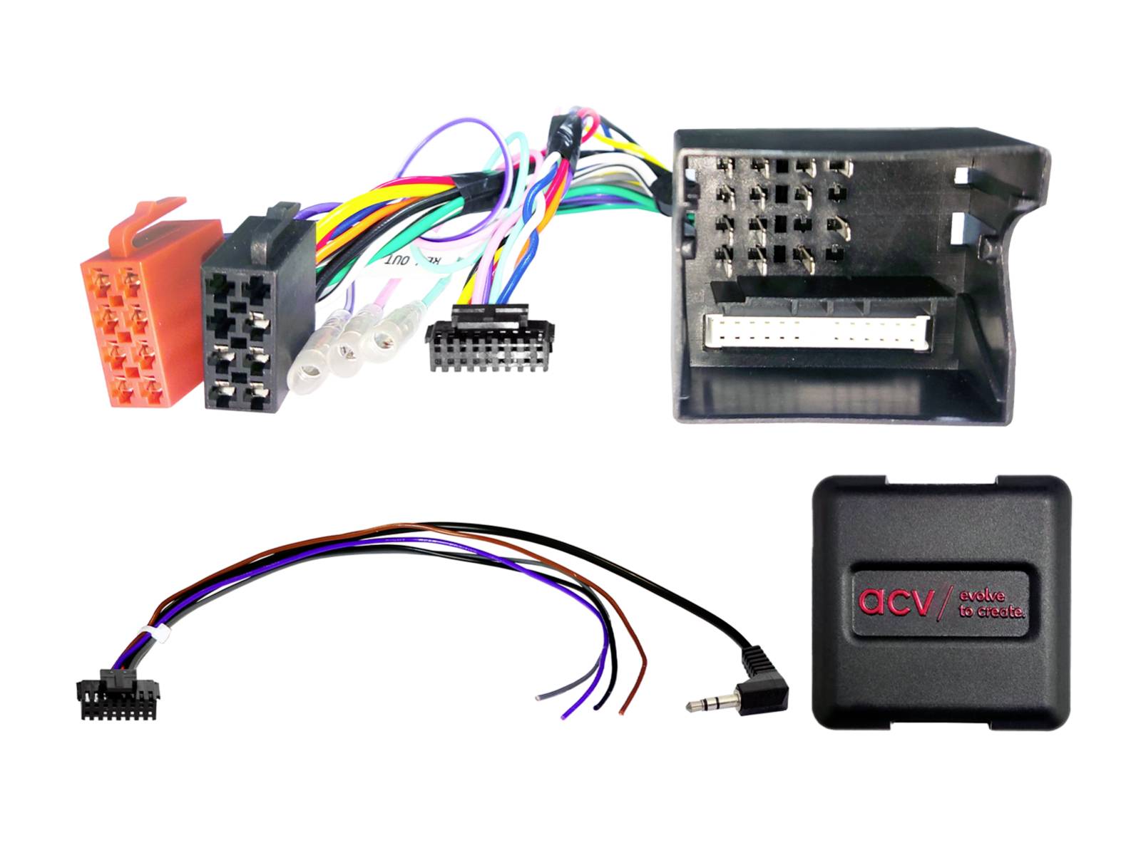 Car stereo wiring harness adapters and a black ACV interface module with multicolored connection cables on a white background.