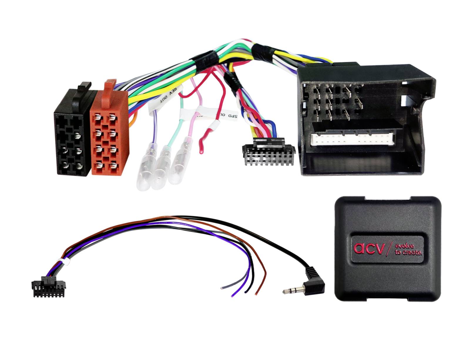 Harnais de câblage de stéréo automobile et kit adaptateur avec connecteurs codés par couleur, câbles et boîtier de module de commande ACV sur fond blanc.