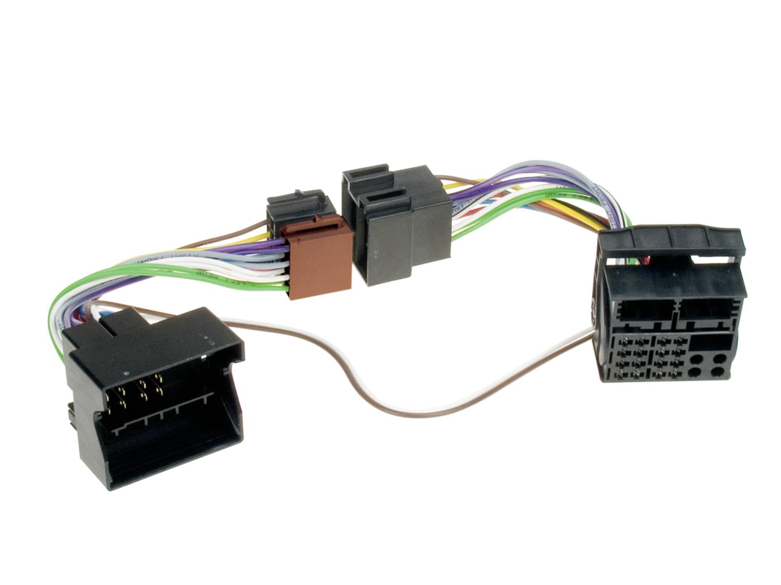 A wiring harness with three black automotive-style connectors and multicolored wires, used to adapt or connect car audio components.