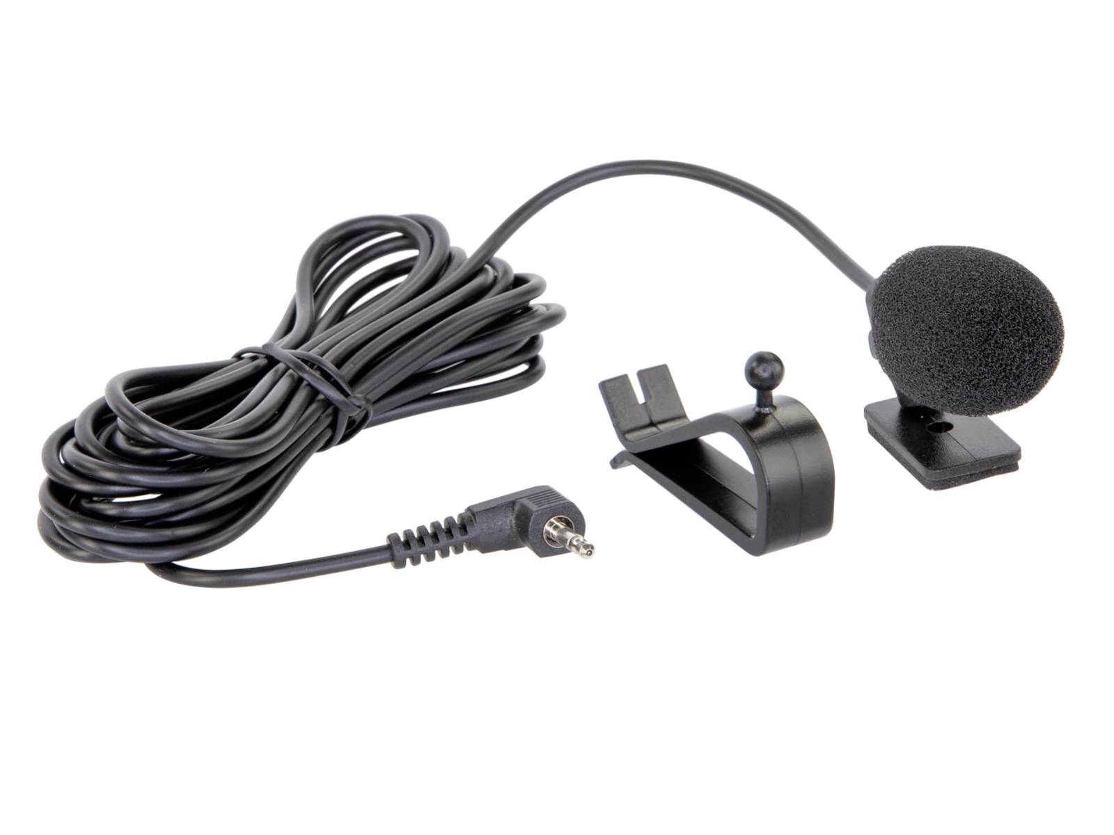 Wired clip-on lavalier microphone with foam windscreen, cable, plug, and mounting clip on white background.