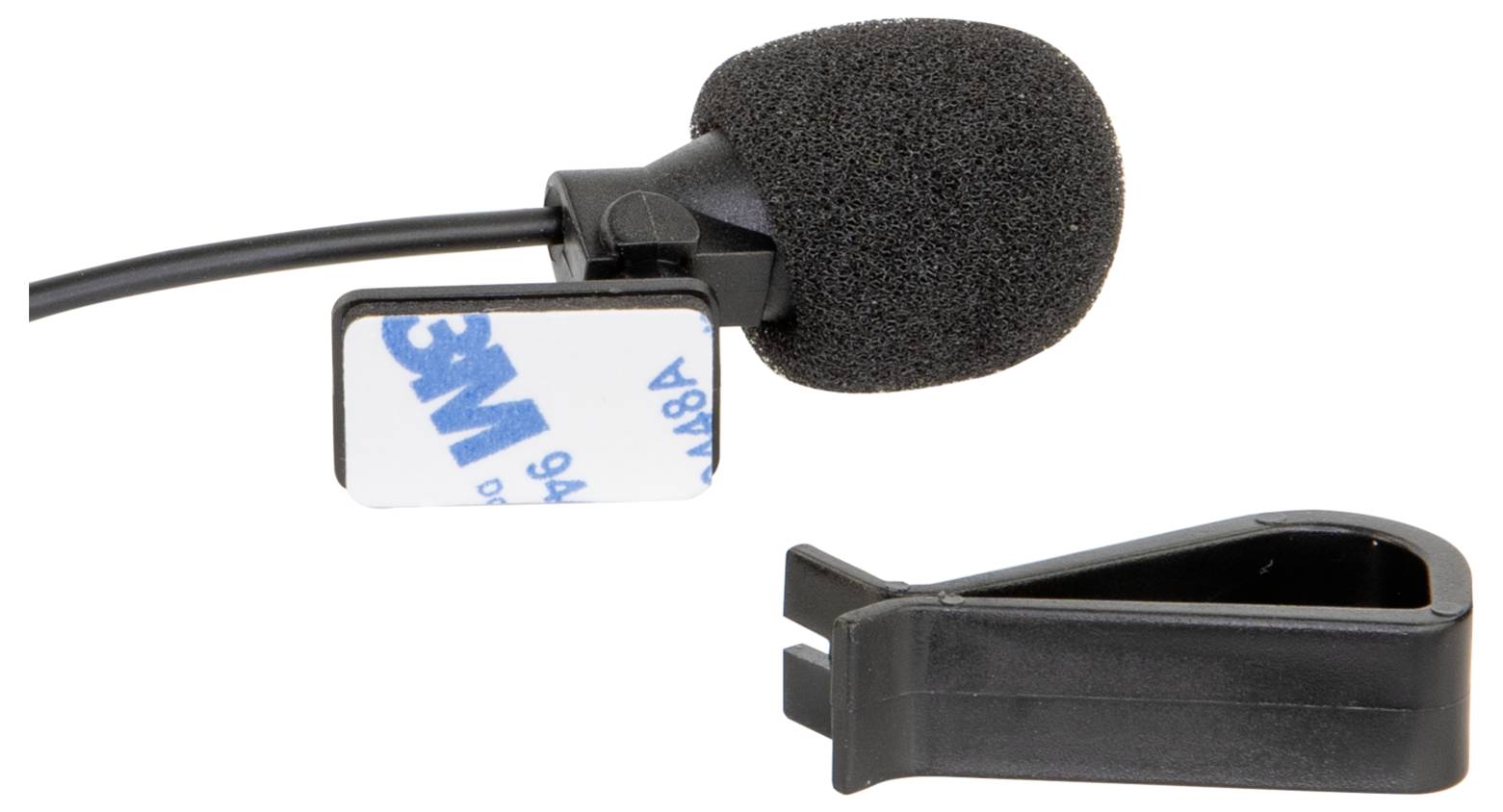 Microphone cravate à pince avec pare-brise en mousse, câble et pince de montage noire sur fond blanc.