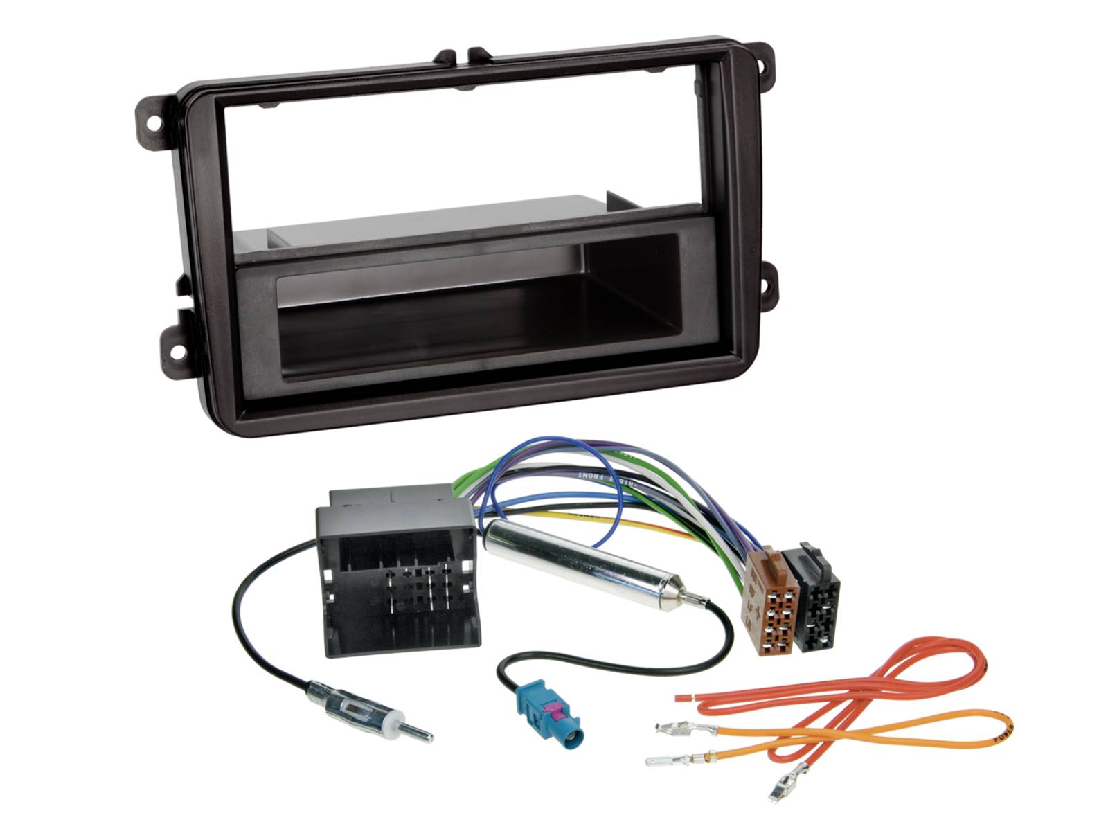 Car stereo dash installation kit with black mounting frame, wiring harnesses, connectors, and antenna adapter on white background.